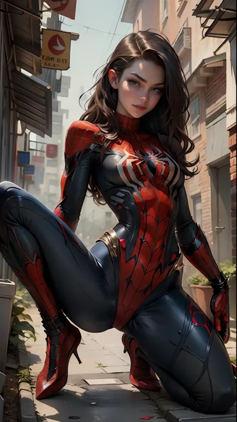 Beautiful woman detailed defined body using spider man cosplay，little breast，spreads her legs apart