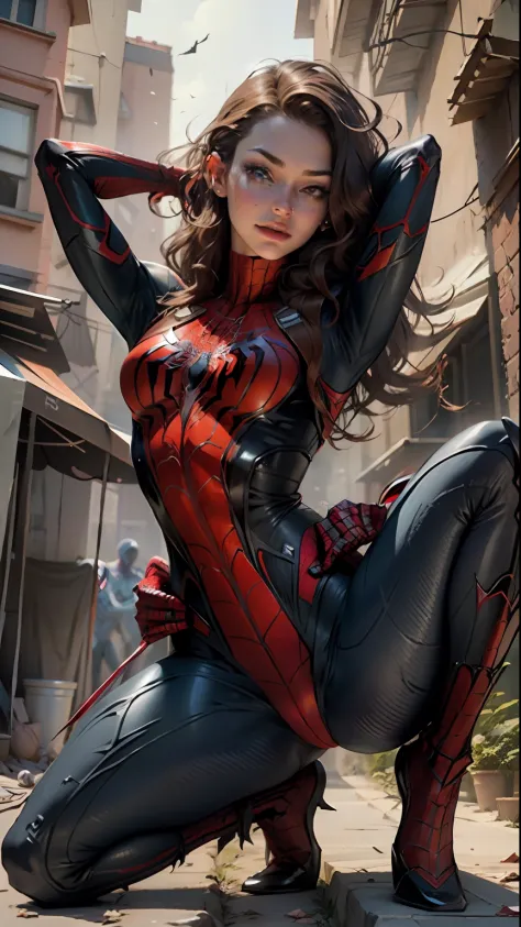 Beautiful woman detailed defined body using spider man cosplay，little breast，spreads her legs apart