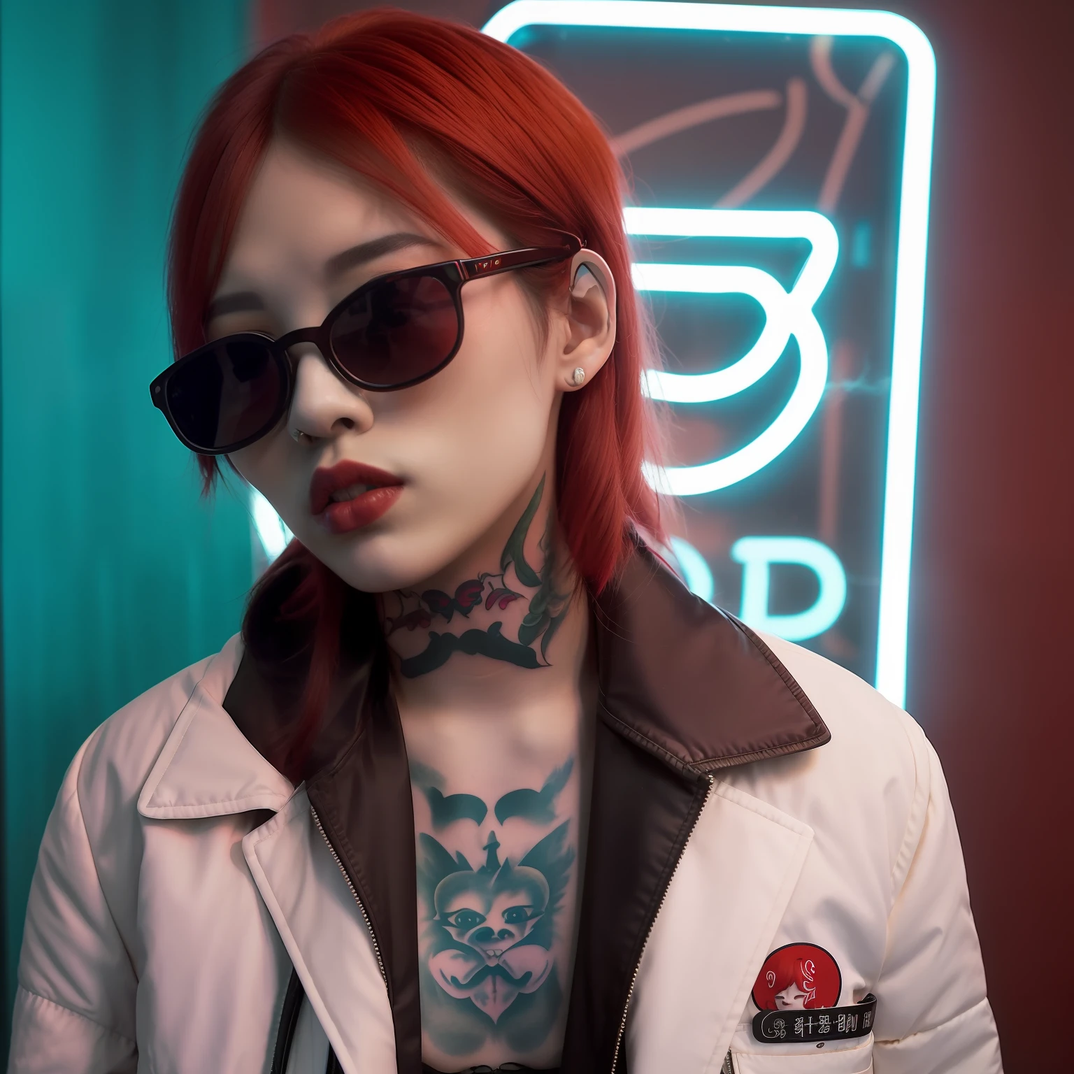 DSLR photo, cool Korean woman with high contrast tattoos, smoking a white tailor made cigarette and wearing a red jacket, white hair, sunglasses, NeonNoir, neon, noir, soft lighting, realistic, red lighting, green lighting, hard shadow, masterpiece, best quality, Intricate, High Detail, 8k, modelshoot style, film grain,