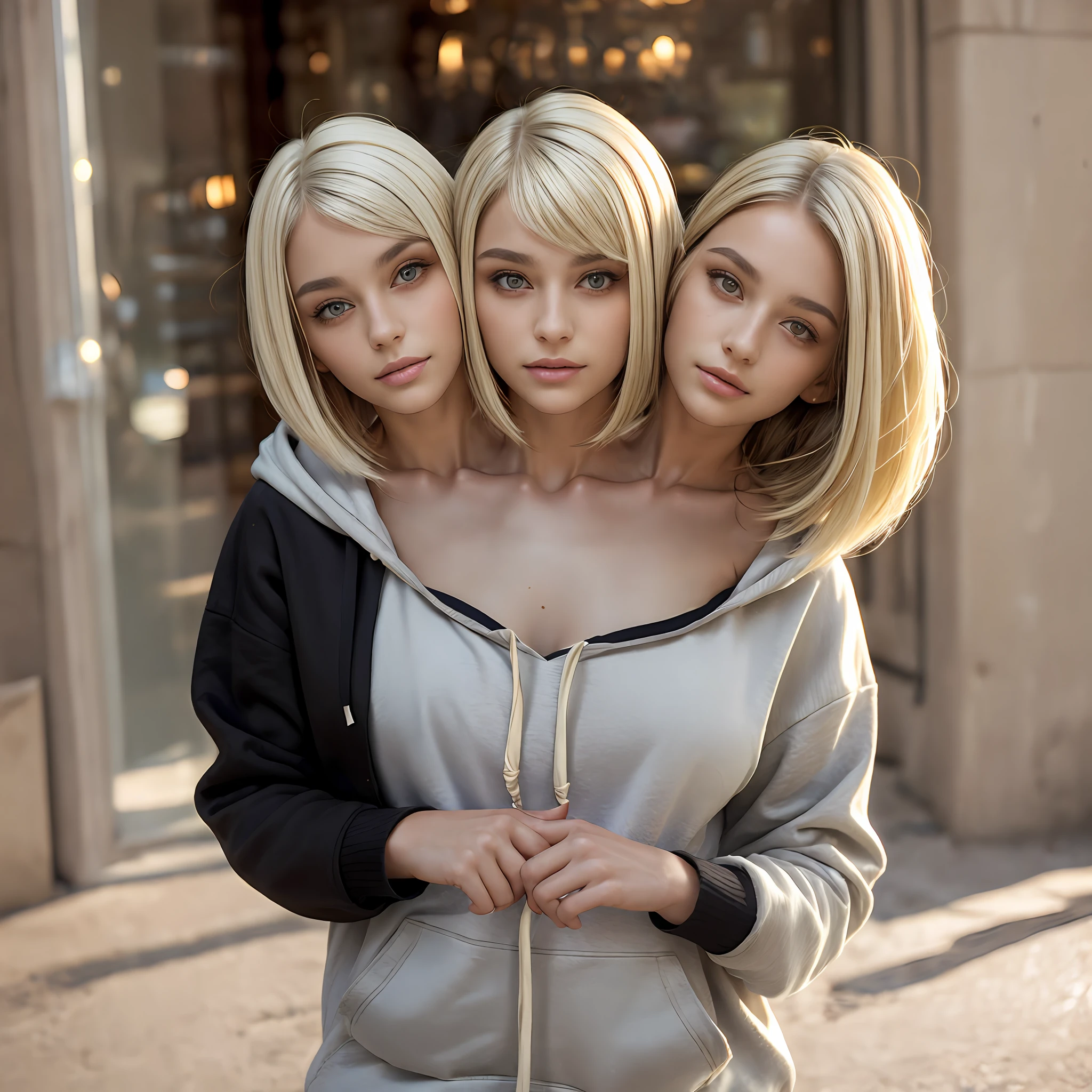 best quality, (2heads:1.5),european girl with two heads, halfbody shot, black hair, blonde hair, different hair colors, short hair, long hair, (different haircuts:1.3), hoodie,