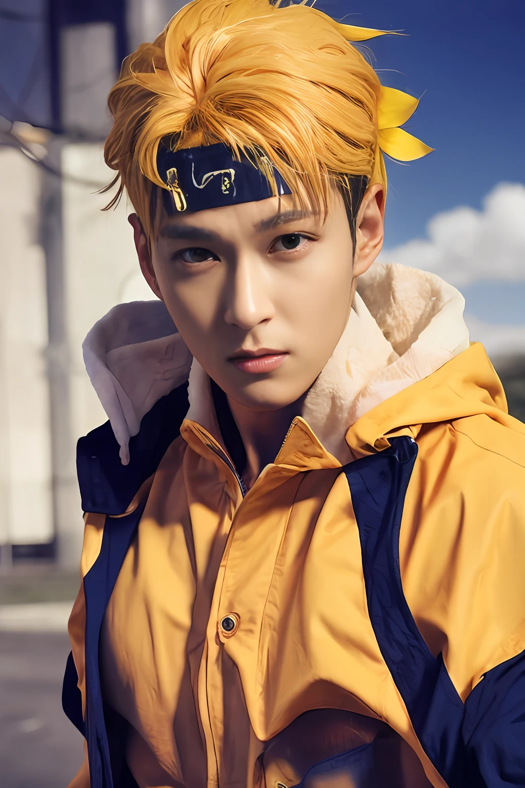 1man, a man with a yellow jacket and fluffy white collar, naruto uzumaki, realistic, ultra detail, realistic hair, sharp eye, muscular, yellow hair, short hair, blue eye, headband, three lines on the cheeks