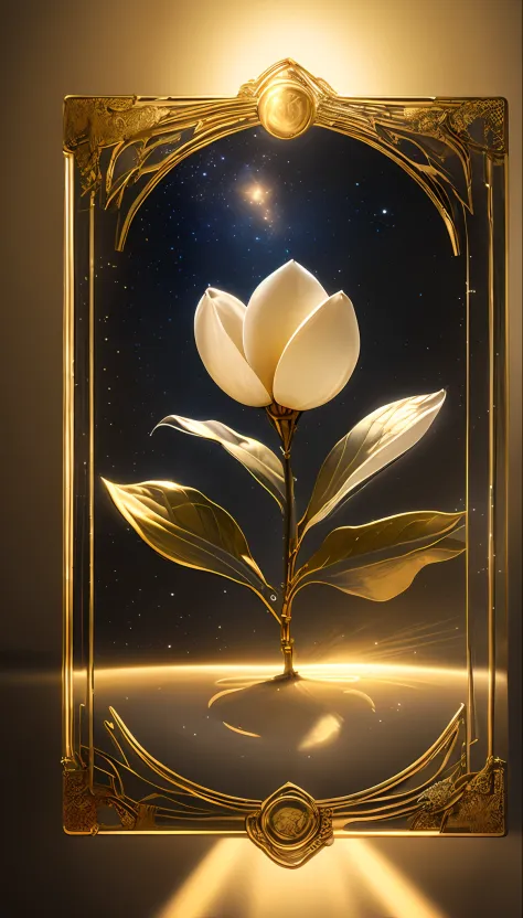 realistic, (best quality, masterpiece:1.3), golden magnolia ,soul card, line, light particles, no humans,