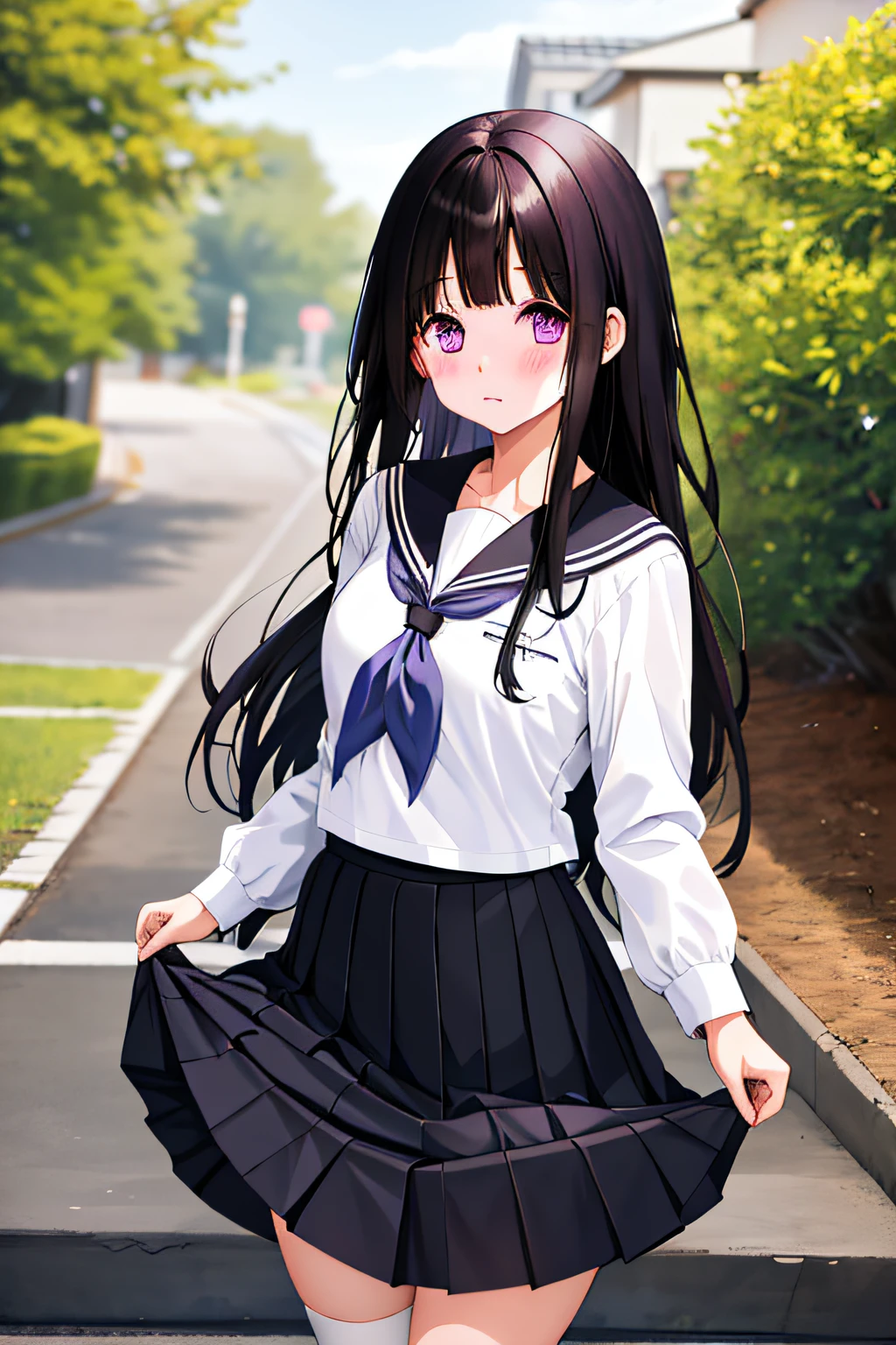 1人の女の子, chitanda eru, 長い髪, 黒髪, 学生服, 紫色の目, 白のシャツ, 白い靴下, プリーツスカート, 前髪, 黒のセーラーカラー, ネッカチーフ, 黒いスカート, 長袖, (スカートリフト:1.3), 立っている, 弓_パンティー, (しかめっ面:1.1)