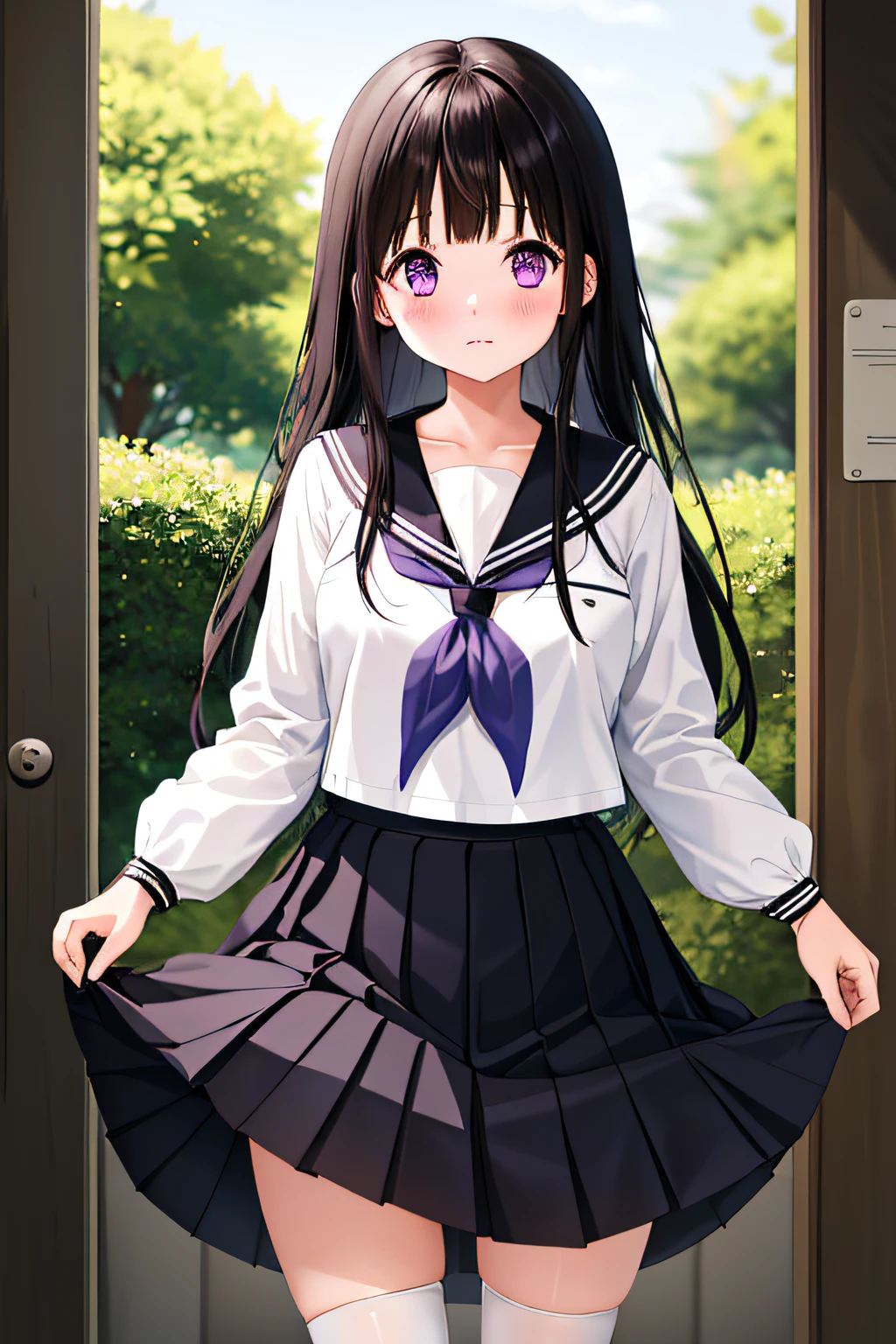 1人の女の子, chitanda eru, 長い髪, 黒髪, 学生服, 紫色の目, 白のシャツ, 白い靴下, プリーツスカート, 前髪, 黒のセーラーカラー, ネッカチーフ, 黒いスカート, 長袖, (スカートリフト:1.3), 立っている, 弓_パンティー, (しかめっ面:1.1)