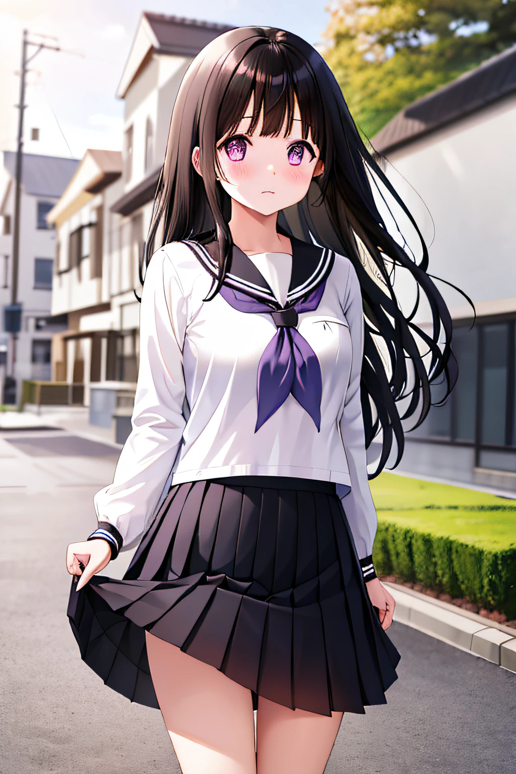 1人の女の子, chitanda eru, 長い髪, 黒髪, 学生服, 紫色の目, 白のシャツ, 白い靴下, プリーツスカート, 前髪, 黒のセーラーカラー, ネッカチーフ, 黒いスカート, 長袖, (スカートリフト:1.3), 立っている, 弓_パンティー, (しかめっ面:1.1)