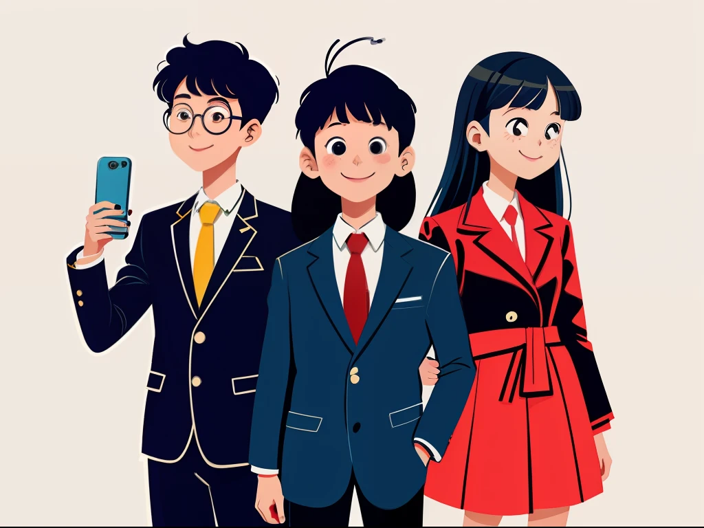 High school boys and high school girls side by side、Two people、both sexes、Front-facing upright pose、clench your fists、sano、holding a smartphon、校服、Dark blue blazer、neck tie、、holding a smartphon、Refreshing、masutepiece, Best Quality,,Illustration,vector illustrations、Mary Blair Style, Best Quality,pop music、、blue-sky、Shoujo manga style、Fashionable、Modern fashion、pop music、A smile、Looking at the camera、 ,Illustration,portraitures、front facing、vector、flats、composition from the waist up、longshot、thick linework、 Margin background、, charming character illustrations, , charming character illustrations,