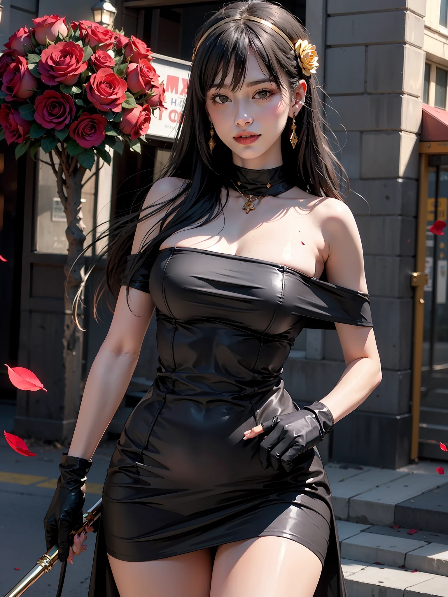 top-quality、超A high resolution、(Photorealsitic:1.4)、Yorbrier、cute little、Cityscape、profetional lighting、photon maping、Radio City、physically-based renderingt、1girl in、Back lighting、bare shoulders​、Black Dress、Black Gloves、Black Long Hair、large full breasts、cowboy  shot、Leather Dresses、耳环、A smile、Fingerless gloves、floting hair、with floral pattern、florals、gloves、Gold Earrings、Gold Hair Band、flower in hair、hair adornments、shairband、 ngel、Store weapons、jewely、large full breasts、light particules、length hair、looking at the viewers、Off shoulder dress、off shoulders、flower petals、red eyes、roses、Rose petals、Rose print、long locks、side locks、独奏、spikes、thighs thighs thighs thighs、two-sided dress、two-sided fabric、arma、((​masterpiece))、massive hips、Cute girl at 18 years old、