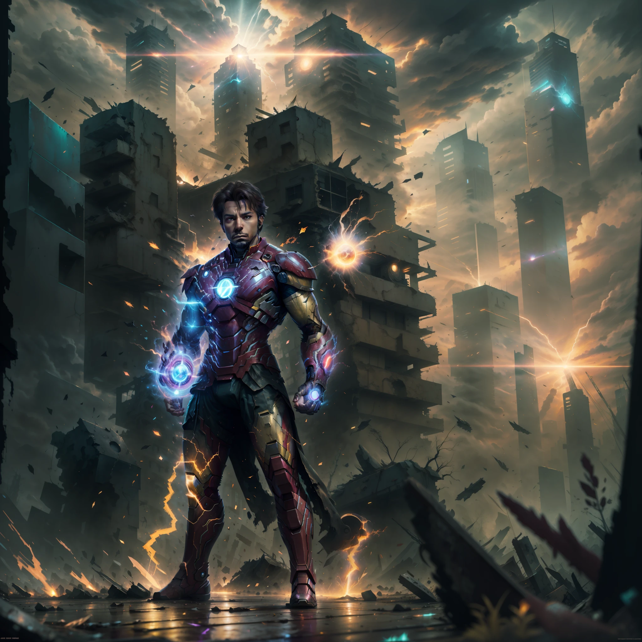 Iron Man，karo，superhero pose，standing in a ruined city at sunset，ultra - detailed，smog，spark of light，rays of sunshine，(8k)，realisticlying，，awardwinning，Cinematic lightning，，cinematic ligh， ，Scratches，Full body photo，closeup cleavage，， --auto