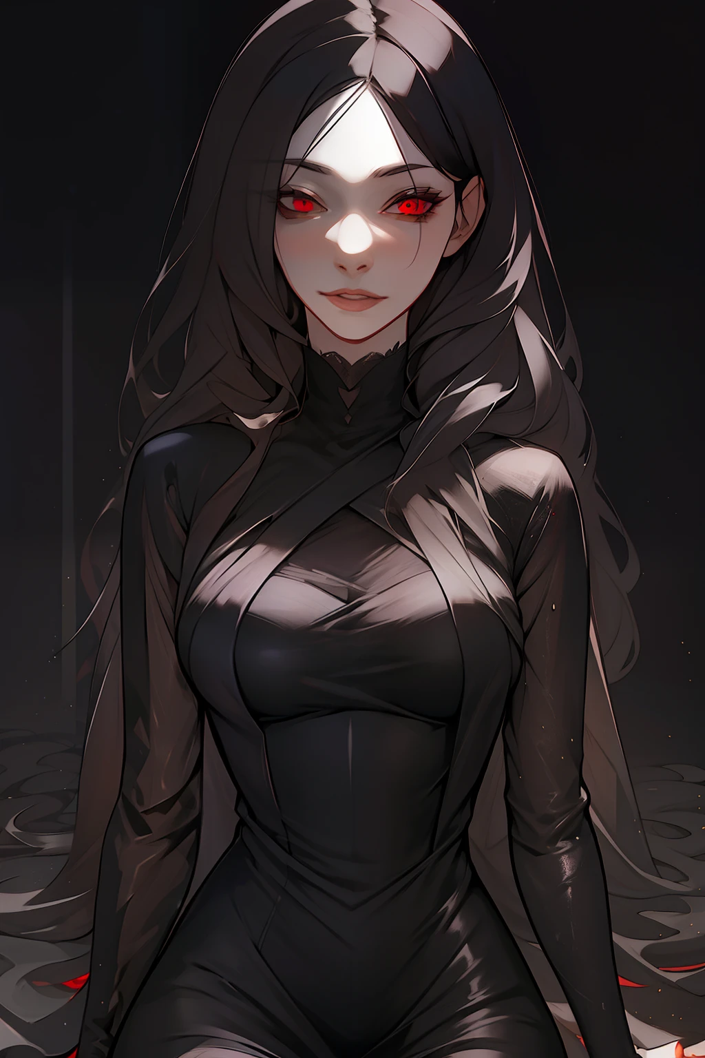 Best quality)), ((masterpiece)), (detailed: 1.4), black dress, dark black hair, black hime cut hair, glowing red eyes, dark background, dark environment, scary, junji ito, juni ito inspired, japanese horror inspired,1girl, feminine, wide eyes, full body, dark empty eyes