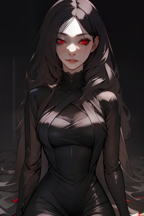 Best quality)), ((masterpiece)), (detailed: 1.4), black dress, dark black hair, black hime cut hair, glowing red eyes, dark back...