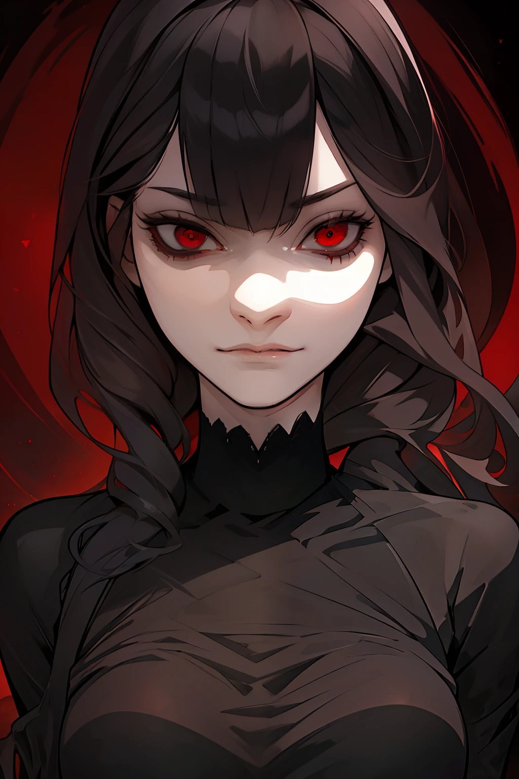 Best quality)), ((masterpiece)), (detailed: 1.4), black dress, dark black hair, black hime cut hair, glowing red eyes, dark background, dark environment, scary, junji ito, juni ito inspired, japanese horror inspired,1girl, feminine, wide eyes, full body, dark empty eyes