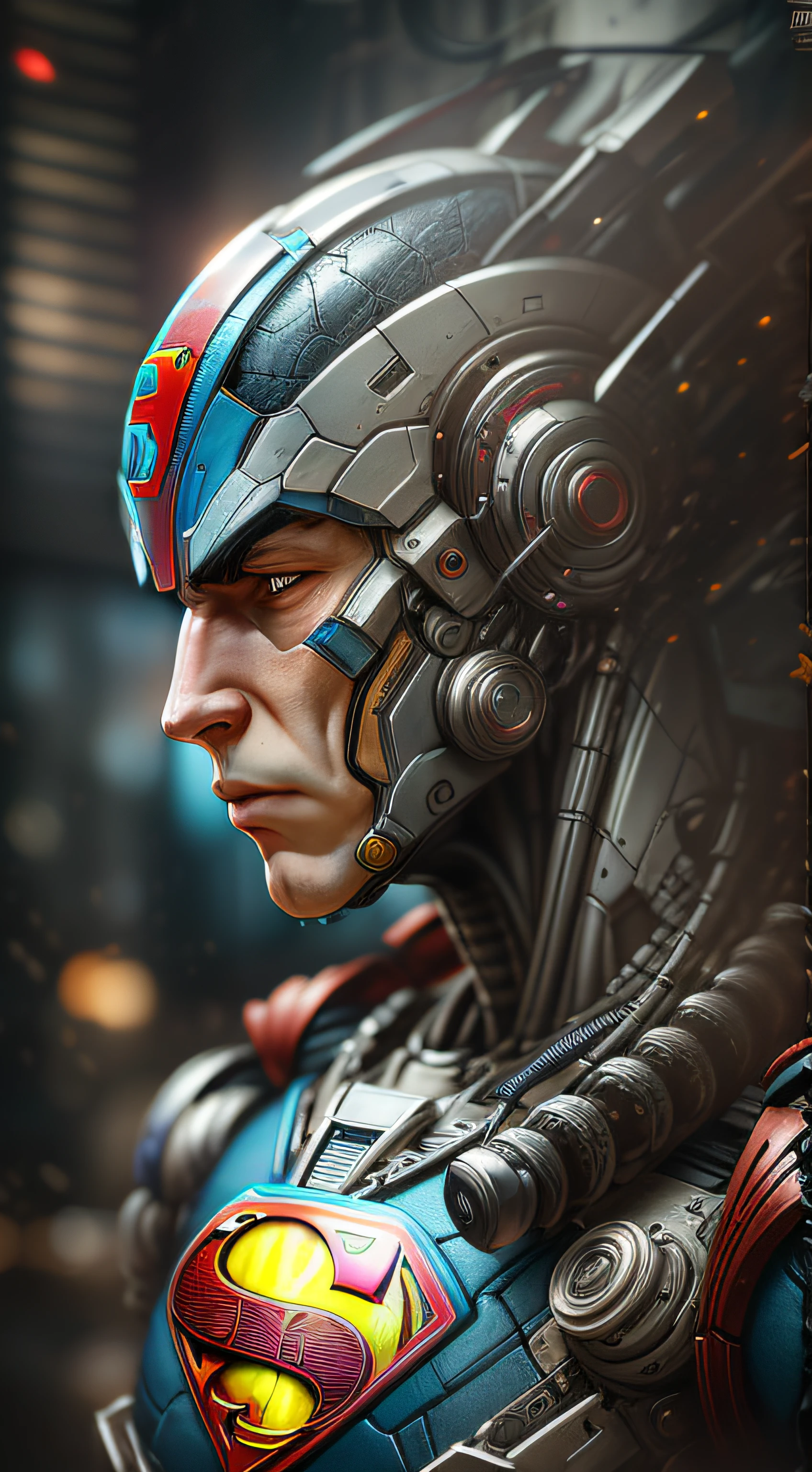 superman from DC photography, biomechanical, complex robot, full growth, hyper-realistic, insane small details, extremely clean lines, cyberpunk aesthetic, masterpiece featured on Zbrush Central