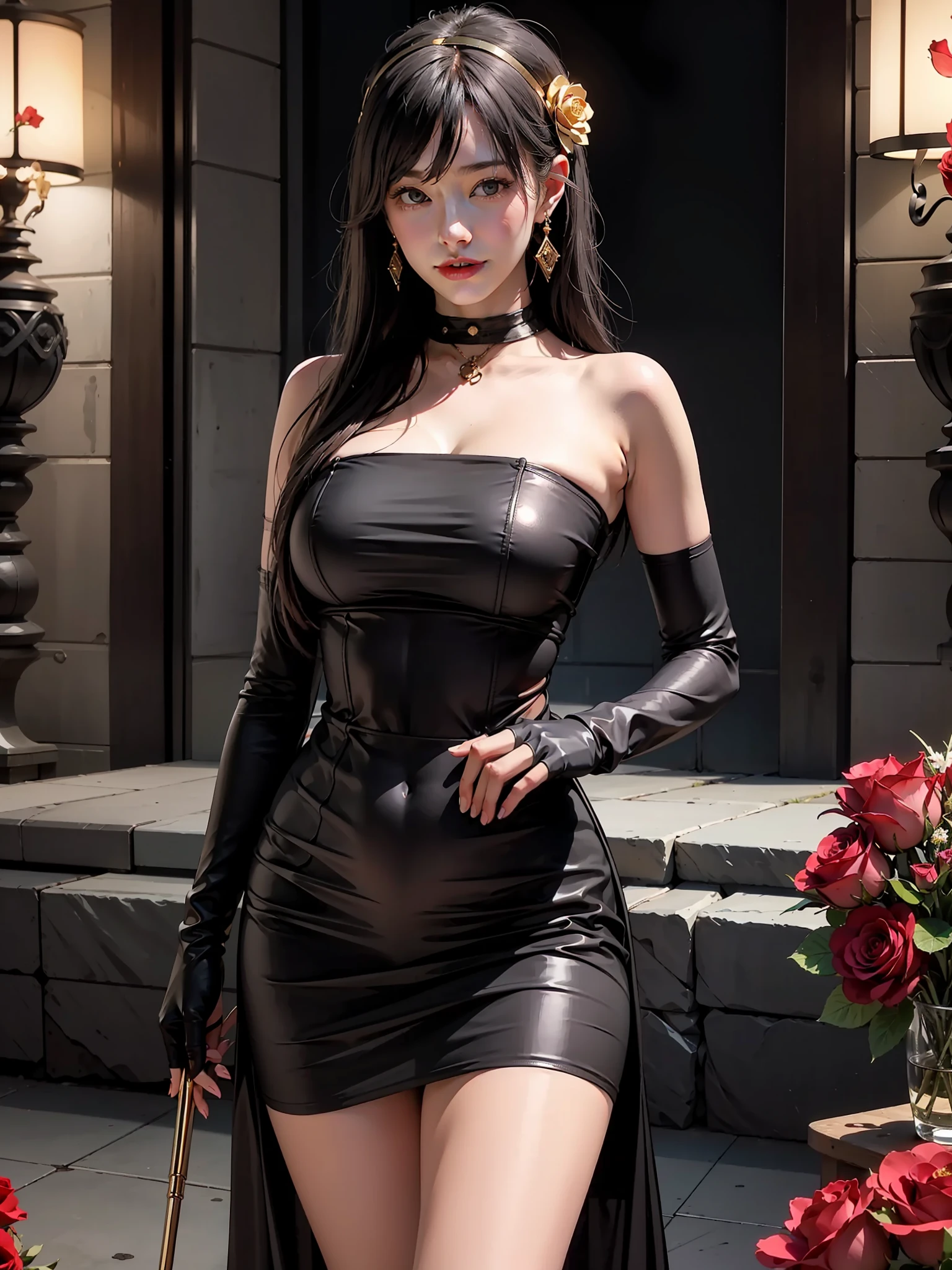 top-quality、超A high resolution、(Photorealsitic:1.4)、Yorbrier、cute little、Cityscape、profetional lighting、photon maping、Radio City、physically-based renderingt、1girl in、Back lighting、bare shoulders​、Black Dress、Black Gloves、Black Long Hair、large full breasts、cowboy  shot、Leather Dresses、earrings、A smile、Fingerless gloves、floting hair、with floral pattern、florals、gloves、Gold Earrings、Gold Hair Band、flower in hair、hair adornments、shairband、 fail、Store weapons、jewely、large full breasts、light particules、length hair、looking at the viewers、Off shoulder dress、off shoulders、flower petals、red eyes、roses、Rose petals、Rose print、long locks、side locks、solo、spikes、thighs thighs thighs thighs、two-sided dress、two-sided fabric、missiles、((​masterpiece))、massive hips、Cute girl at 18 years old、