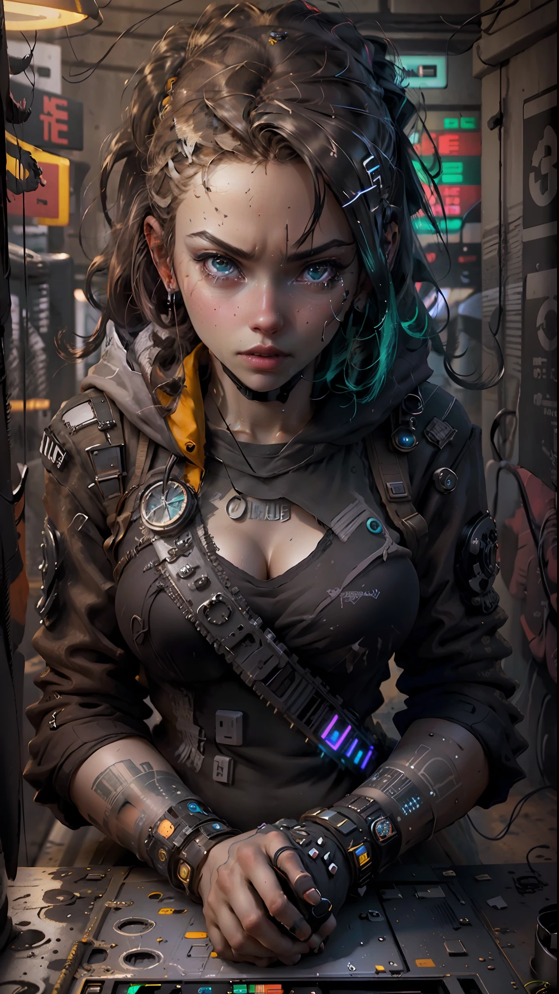 ((Best Quality)), ((Masterpiece)), (Very detailed:1.3), 3D, Beautiful (Cyberpunk:1.3) Female hacker, thick hair, half-exposed breasts, operating computer terminals, computer servers, LCD screens, fiber optic cables, corporate logos, HDR (High Dynamic Range), ray tracing, NVIDIA RTX, Super Resolution, Unreal 5, Subsurface scattering, PBR textures, Post processing, Anisotropic filtering, Depth of field, Maximum sharpness and sharpness, Multi-layered textures, Albedo and specular mapping, surface shading, accurate simulation of light-material interactions, perfect proportions, octane rendering, duotone lighting, low ISO, white balance, rule of thirds, wide aperture, 8K RAW, high efficiency sub-pixels, subpixel convolution, luminous particles,