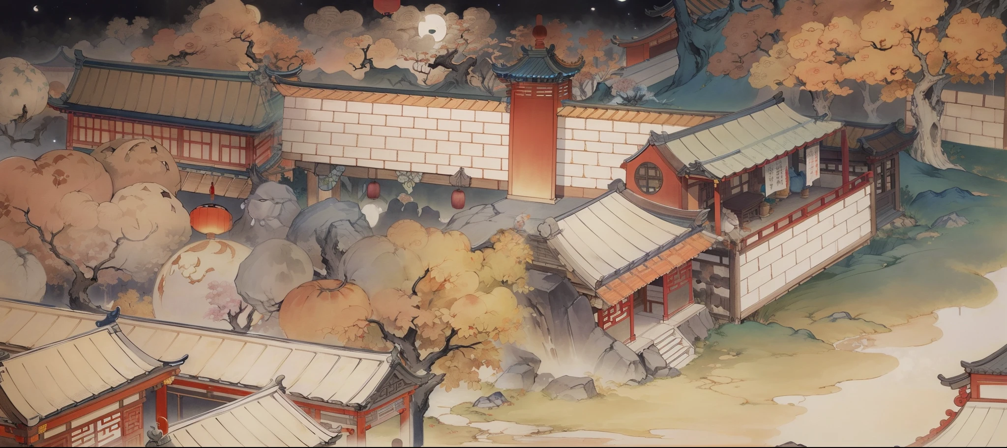 There is a painting of a japanese village with a lot of trees - SeaArt AI