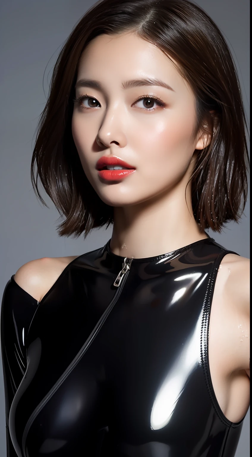 (Top Quality, 4k, Masterpiece: 1.3), Japan Woman, 1 Girl, Sexy: 1.1, Dark Brown Hair: 1.1, (Wet Body: 1.3), Glossy, Latex, Wetsuit, Ultra Detailed Face, Detailed Lips, Detailed Eyes, Red Lipstick, Open Mouth