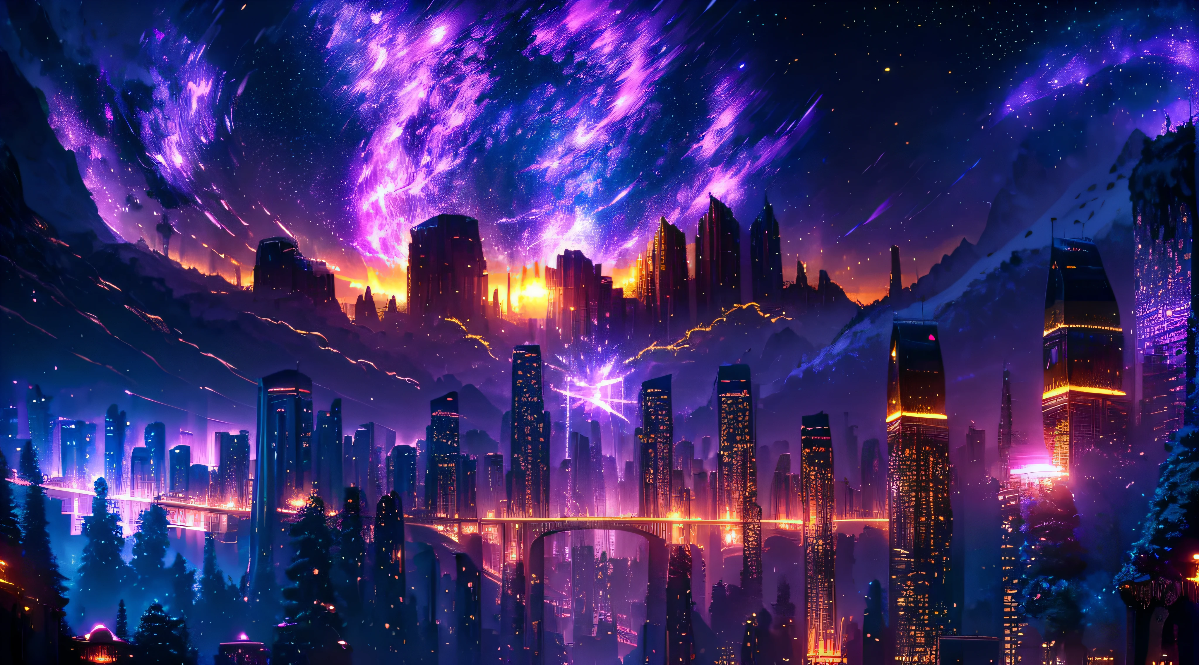 (deep in the night, deep in the night, deep in the night) I see a beautiful, detailed 8k artwork with a sugary pink crystal city, sparkling gold, and a fairytale landscape against a magical night sky.8k,((huge full city)),(space city),(nothern lights,detailed),((high quality))