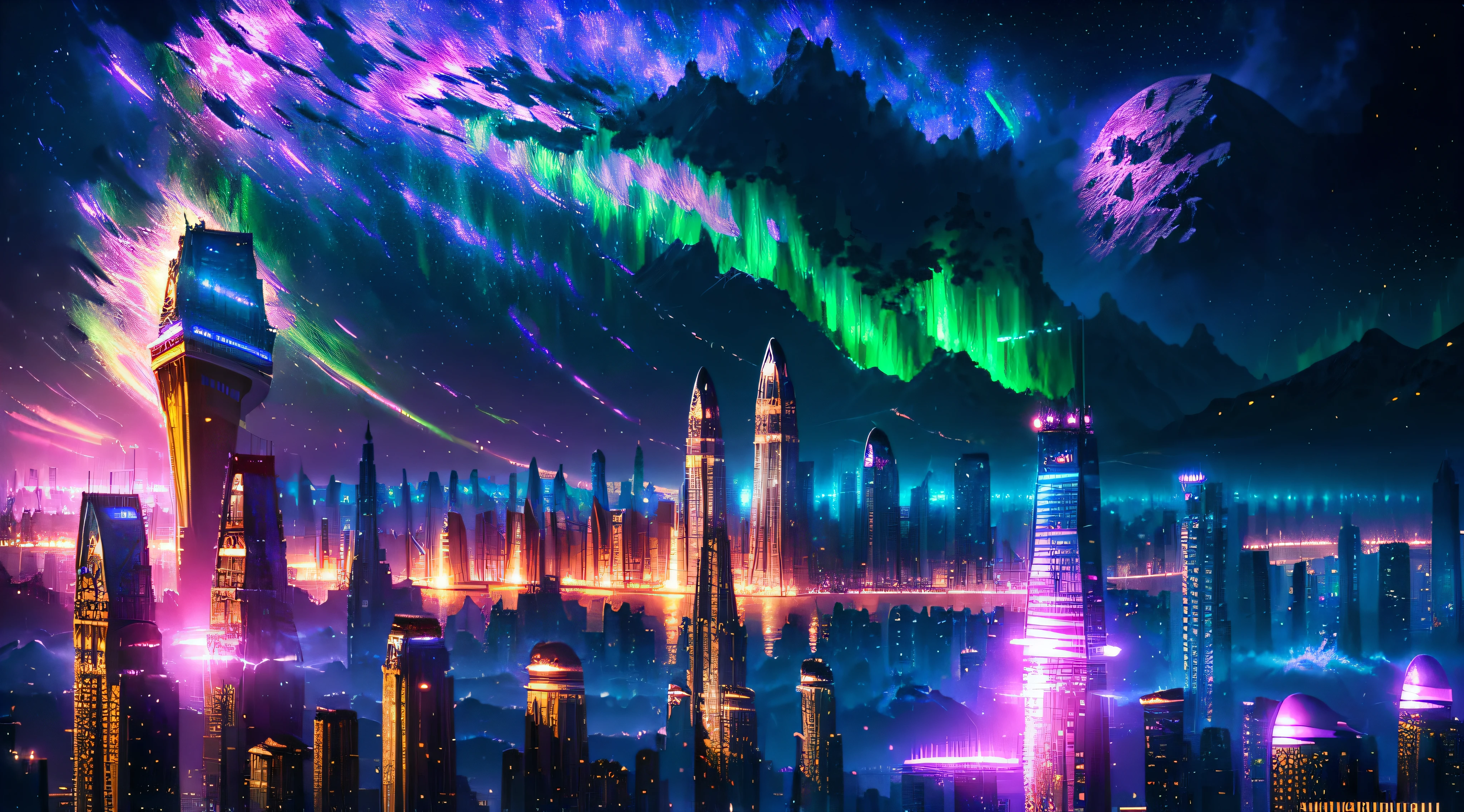 (deep in the night, deep in the night, deep in the night) I see a beautiful, detailed 8k artwork with a sugary pink crystal city, sparkling gold, and a fairytale landscape against a magical night sky.8k,((huge full city)),(space city),(nothern lights,detailed),((high quality))