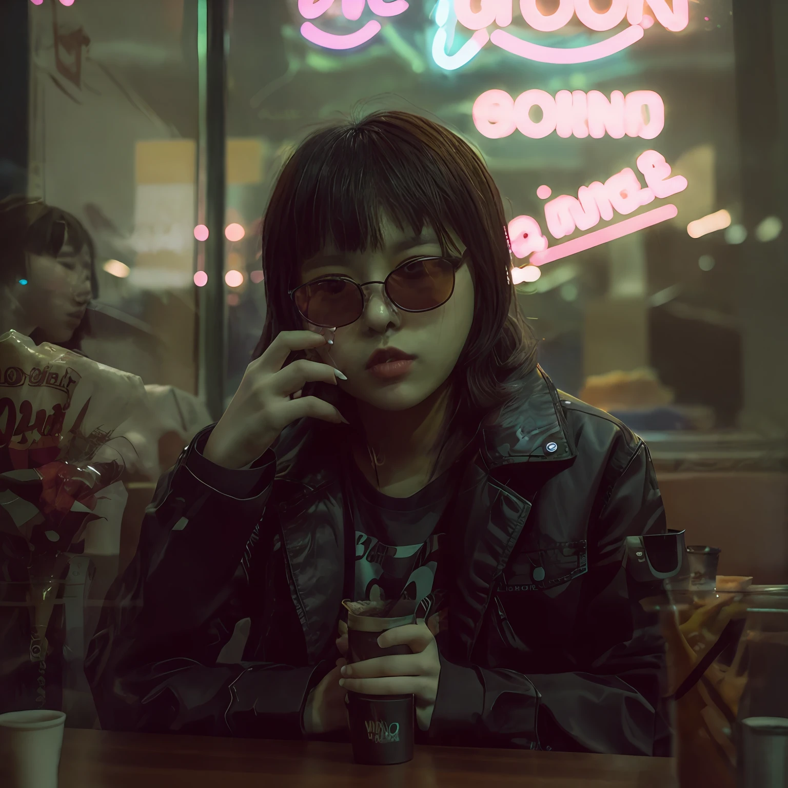 單眼照片, 晚上坐在餐厅里的另类韩国女孩, 可愛的臉孔, 黑色墨鏡, 黑色的夾克, 桌子上烟灰缸里的香烟, 透過窗戶看到, 霓虹黑, (背光:1.1), 硬陰影, 傑作, 最好的品質, 錯綜複雜, 高細節, 8K, 模特兒拍攝風格, 膠片顆粒,