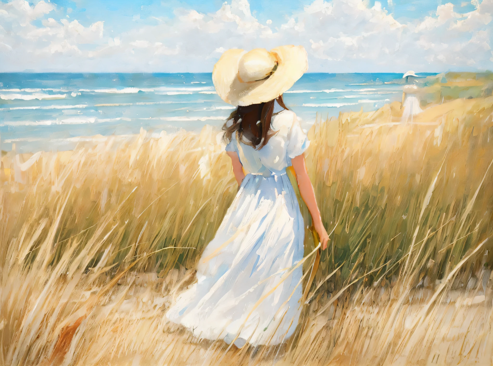 Pintar a una mujer con un vestido blanco y un sombrero caminando sobre la hierba alta., Pintura al óleo sobre lienzo mate., óleo sobre lienzo, con sombrero de paja, hermosa pintura al óleo sobre lienzo, cerca del mar, Chica caminando entre las dunas, inspirado por Henriette Wyeth, Pintura al óleo en un estilo moderno, Pintura al óleo de bellas artes, mujer en la playa, Chica en la playa