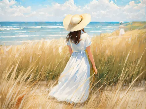 Painting a woman in a white dress and hat walking tall grass, Oil painting on matte canvas, oil on the canvas, with straw hat, B...