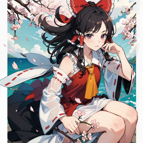 masterpiece, fine detail, 4k, 8k, 12k, solo, two people, beautiful girl, white female, Reimu Hakurei, 🌸, cherry blossoms, spring...