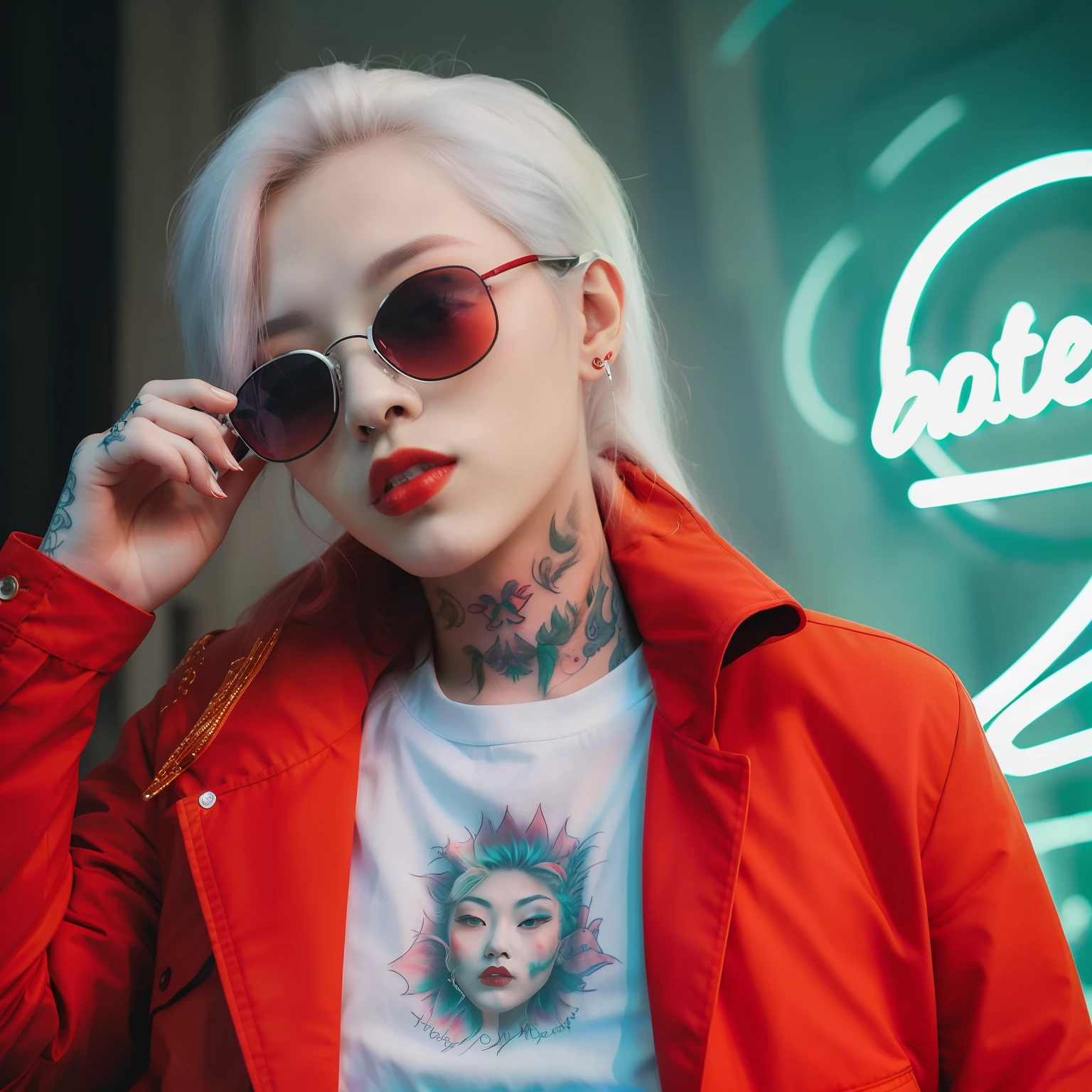 DSLR photo, cool Korean woman with tattoos, smoking a white tailor made cigarette and wearing a red jacket, white hair, sunglasses, NeonNoir, soft lighting, night, nighttime, realistic, red lighting, green lighting, hard shadow, masterpiece, best quality, Intricate, High Detail, 8k, modelshoot style, film grain,