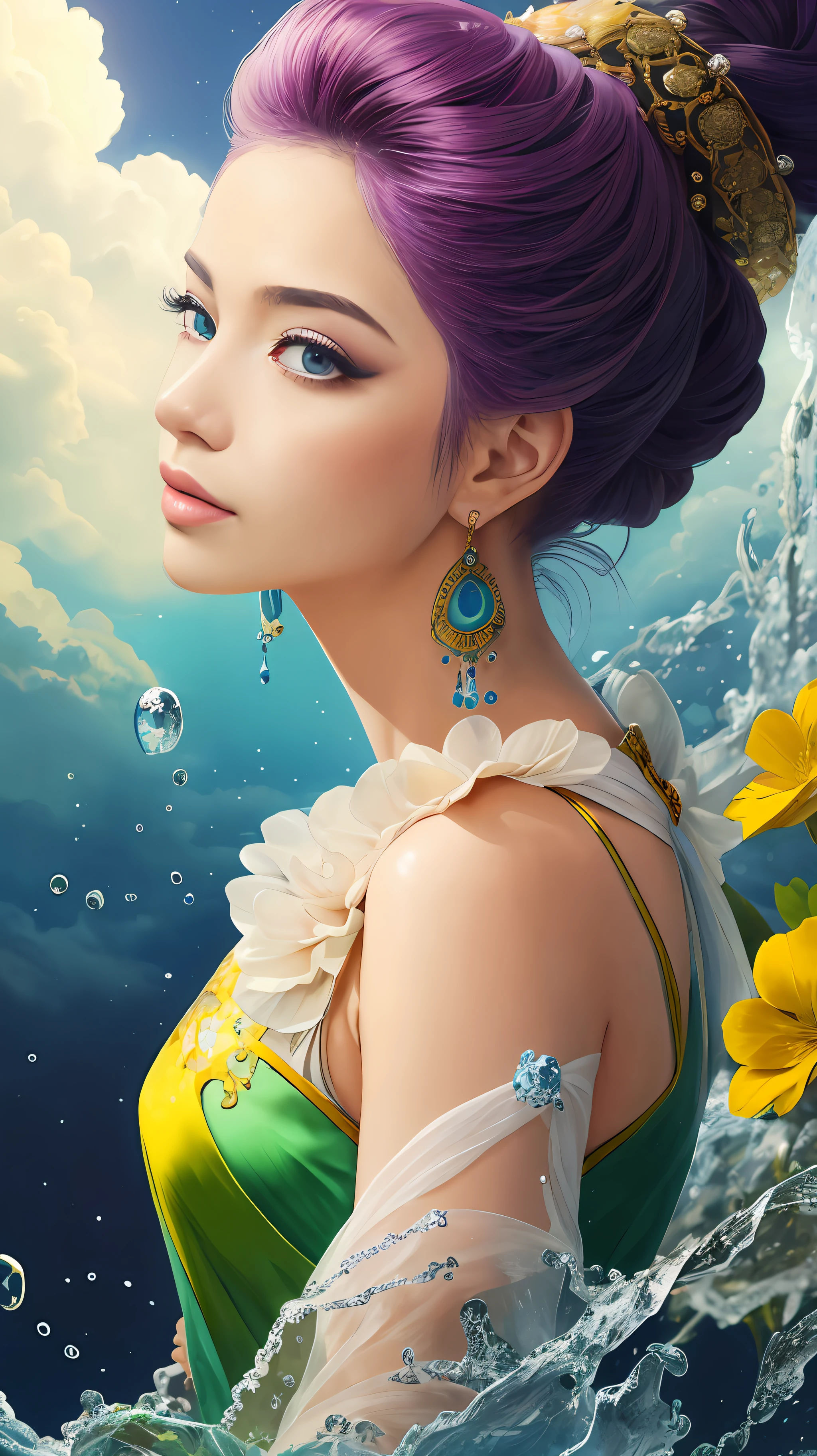 "((The woman of water)), master painting, highest qualityr, Extraordinary detail, An incredibly delicate and beautiful image, floating, high resolution, Angle Dynamic, dynamic  pose, (1 girl), blue eyes, multicolored hair + silver:1.3 + red:1.2 + purple, yellow:1.3 + green:1.3), wuxia style white clothing, Ribbon on the neck, beautiful face, abundant drops of water, clouds, twilights, plano general, watercolor"