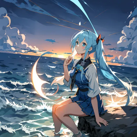 Anime girl sitting on a rock by the sea at night, Kantai collection style, wallpaper anime blue water, A scene from the《azur lan...