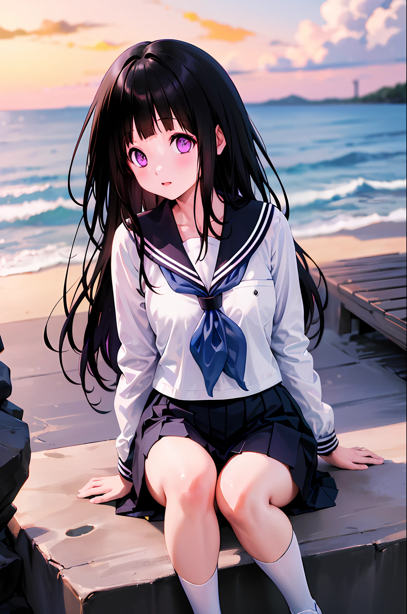 1girl, chitanda eru, long hair, black hair, , purple eyes, white shirt, white socks, pleated skirt, bangs, black sailor collar, neckerchief, black skirt, long sleeves, beach