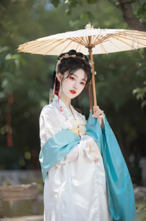 an alafi woman dressed in traditional chinese dress holds an umbrella, white hanfu, palace ， a girl in hanfu, wearing ancient ch...