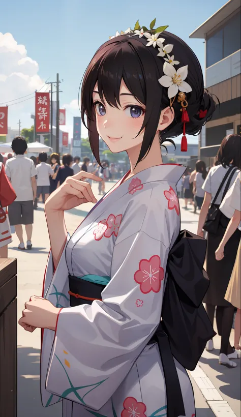 1girl in、A smile、Summer festival、skyrocket、Wearing a yukata、（Upper body portrait）、