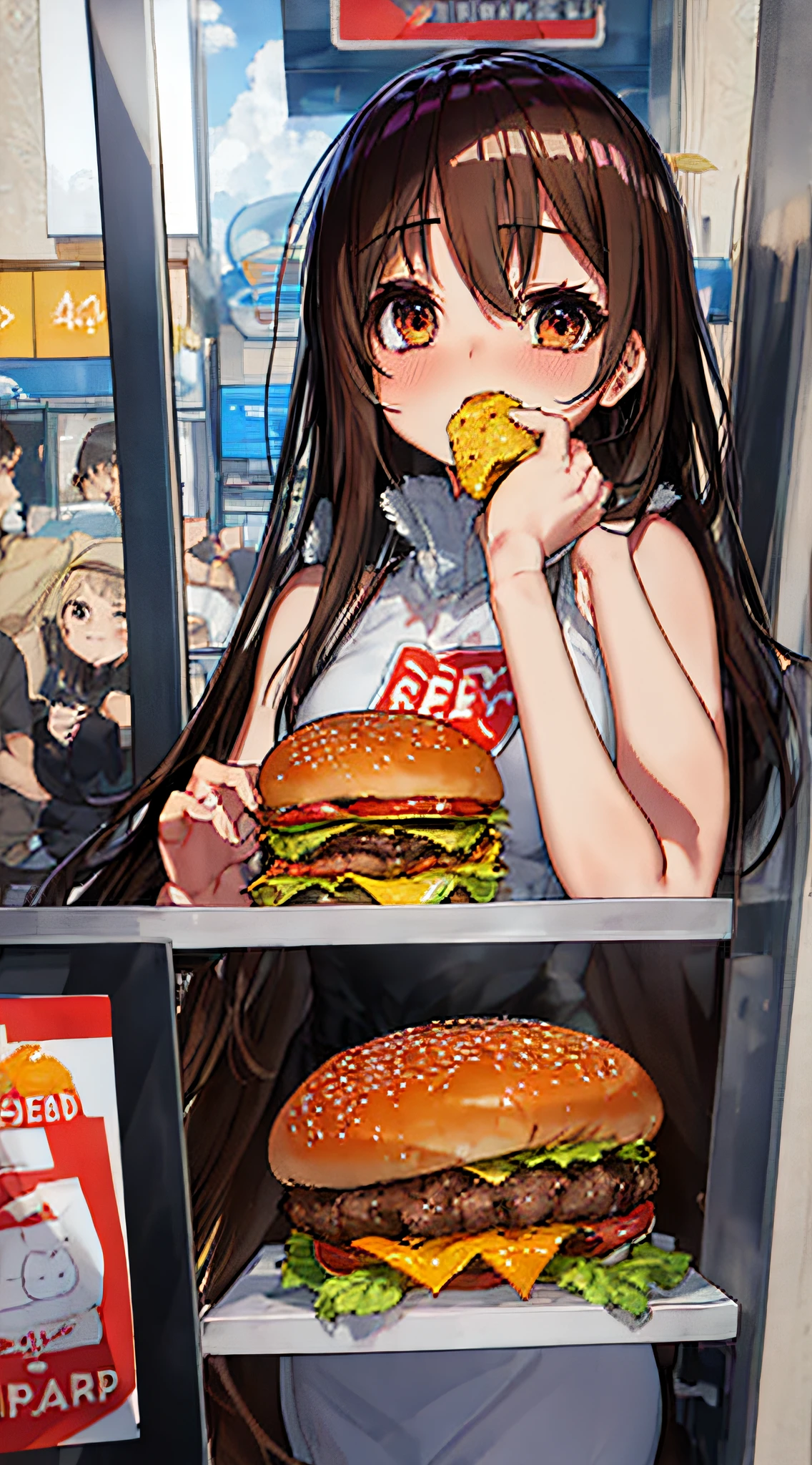 Anime girl eating a hamburger and a hamburger sandwich in a subway - SeaArt  AI