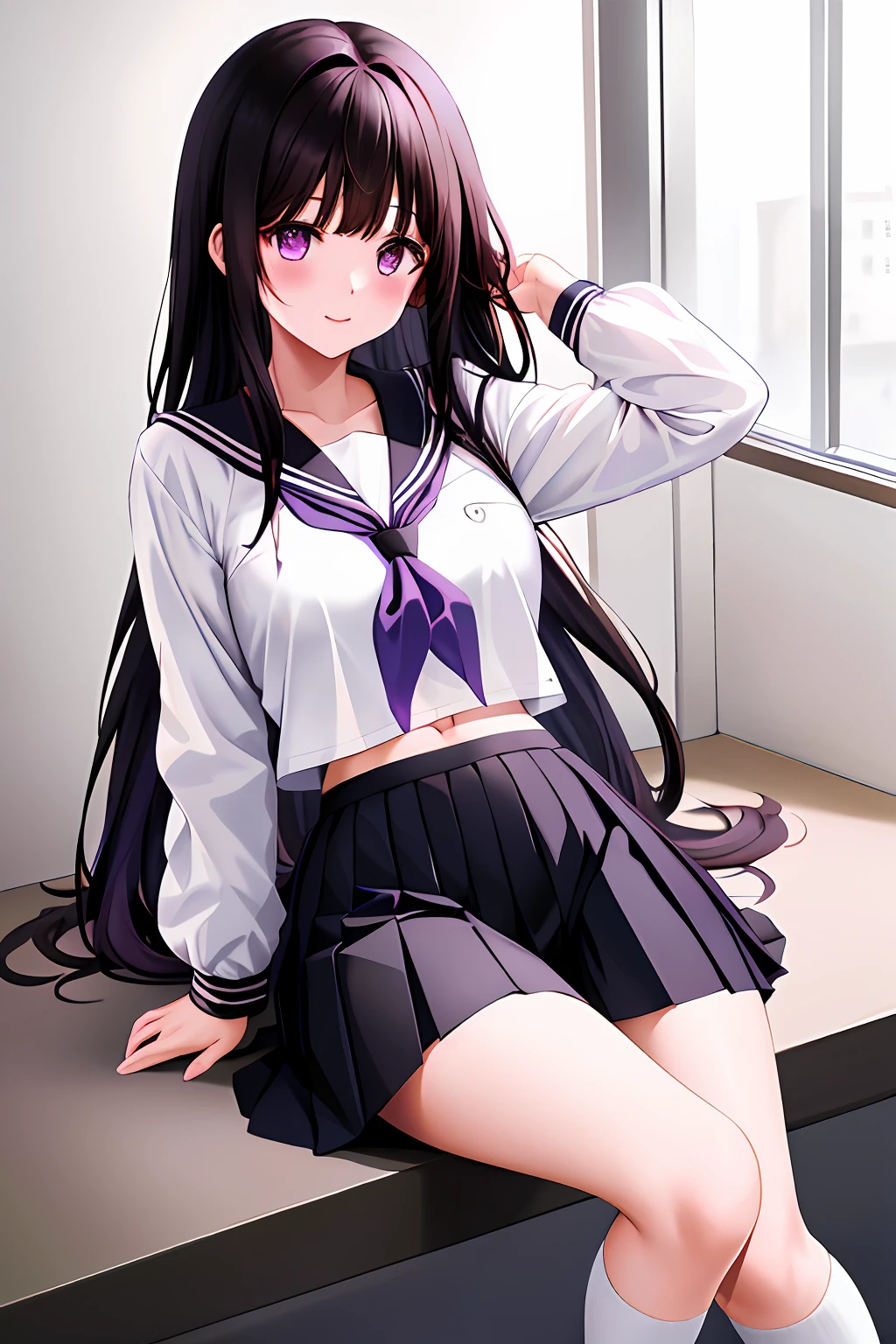 1 female、Eru Sentanda、Long、A dark-haired、student clothes、Purple eye、White shirt、White Socks、pleatedskirt、bangss、Black Sailor Color、neckerchief、Black skirt、long-sleeve、(Shirt Raised 1.2)、Navel、bra very、1girl, chitanda eru, long hair, black hair, , purple eyes, white shirt, white socks, pleated skirt, bangs, black sailor collar, neckerchief, black skirt, long sleeves, (shirt lift:1.2), navel, bra,