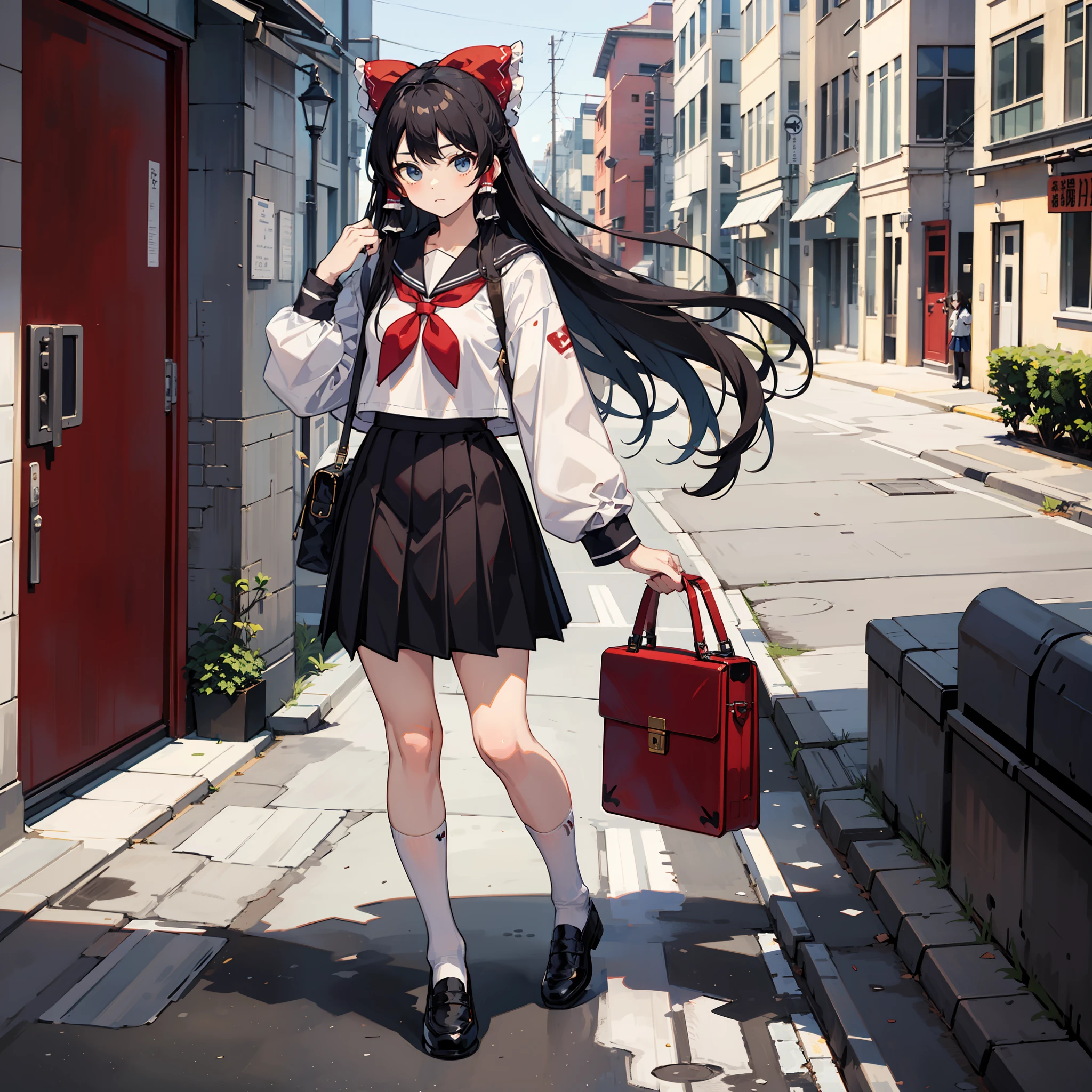 Depiction of a young woman with long hair holding a briefcase, 1 girl, solo, Reimu Hakurei, school uniform, Gohei, skirt, shoes, Serafuku, white sailor uniform, socks, Mary Janes, school background, different costume, long sleeves, black hair, full body, looking at viewer, long hair