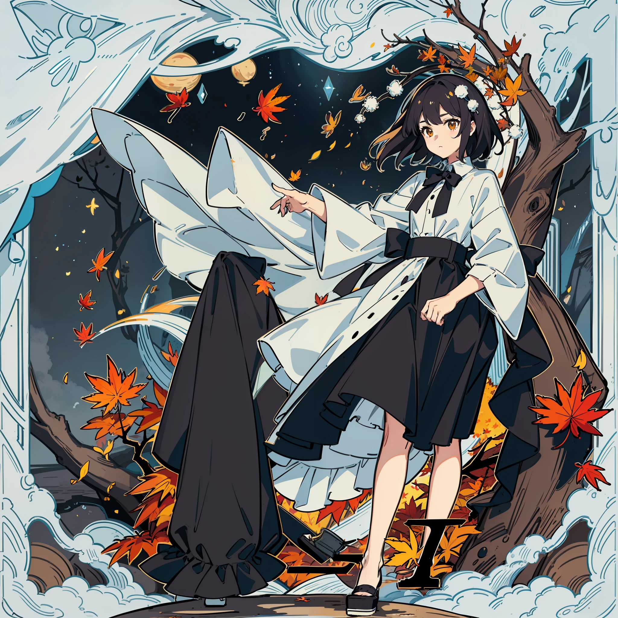 masterpiece, fine detail, 4k, 8k, 12k, solo, two people, beautiful girl, white woman, Shameimaru sentence, autumn leaves, autumn, tarot card style illustration