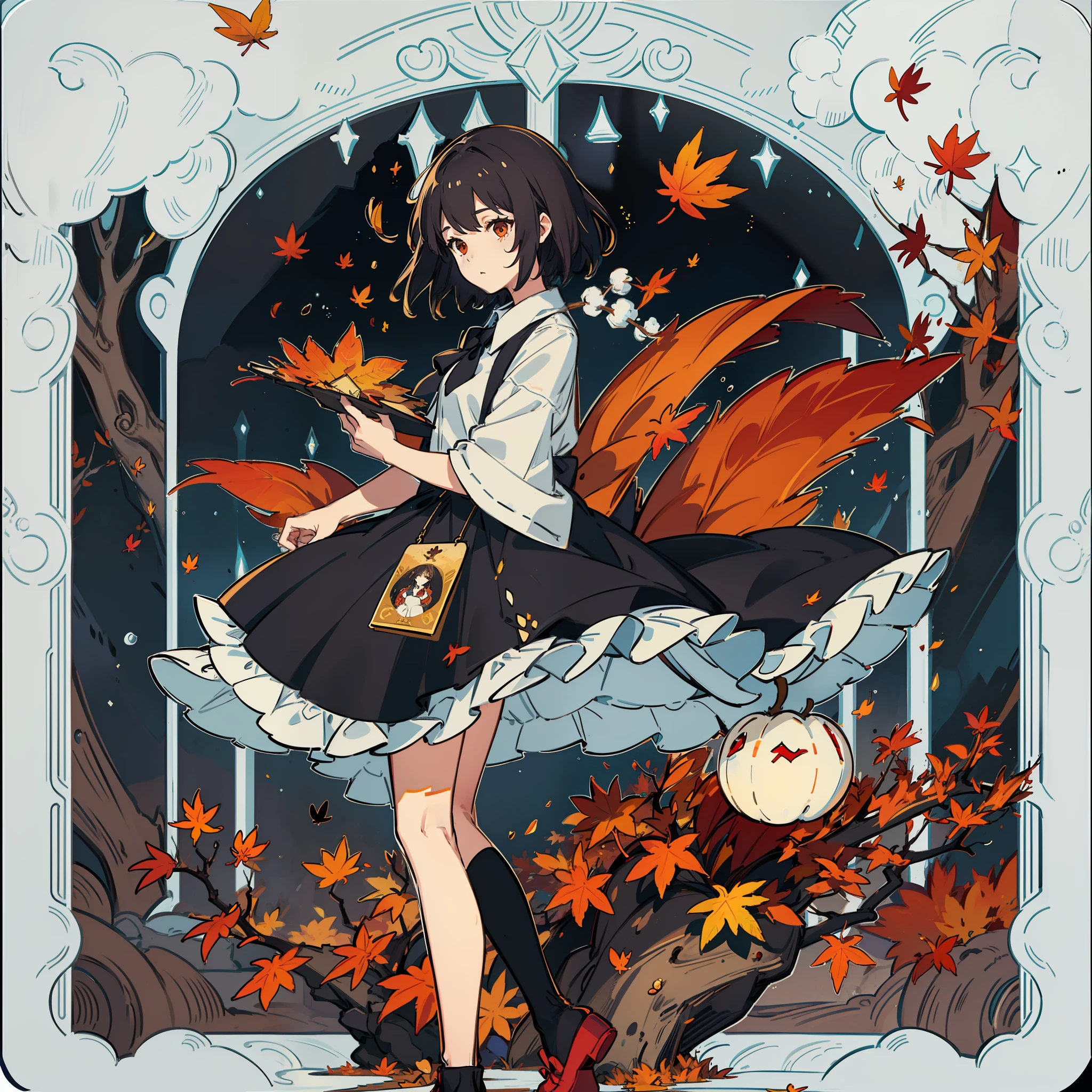 masterpiece, fine detail, 4k, 8k, 12k, solo, two people, beautiful girl, white woman, Shameimaru sentence, autumn leaves, autumn, tarot card style illustration