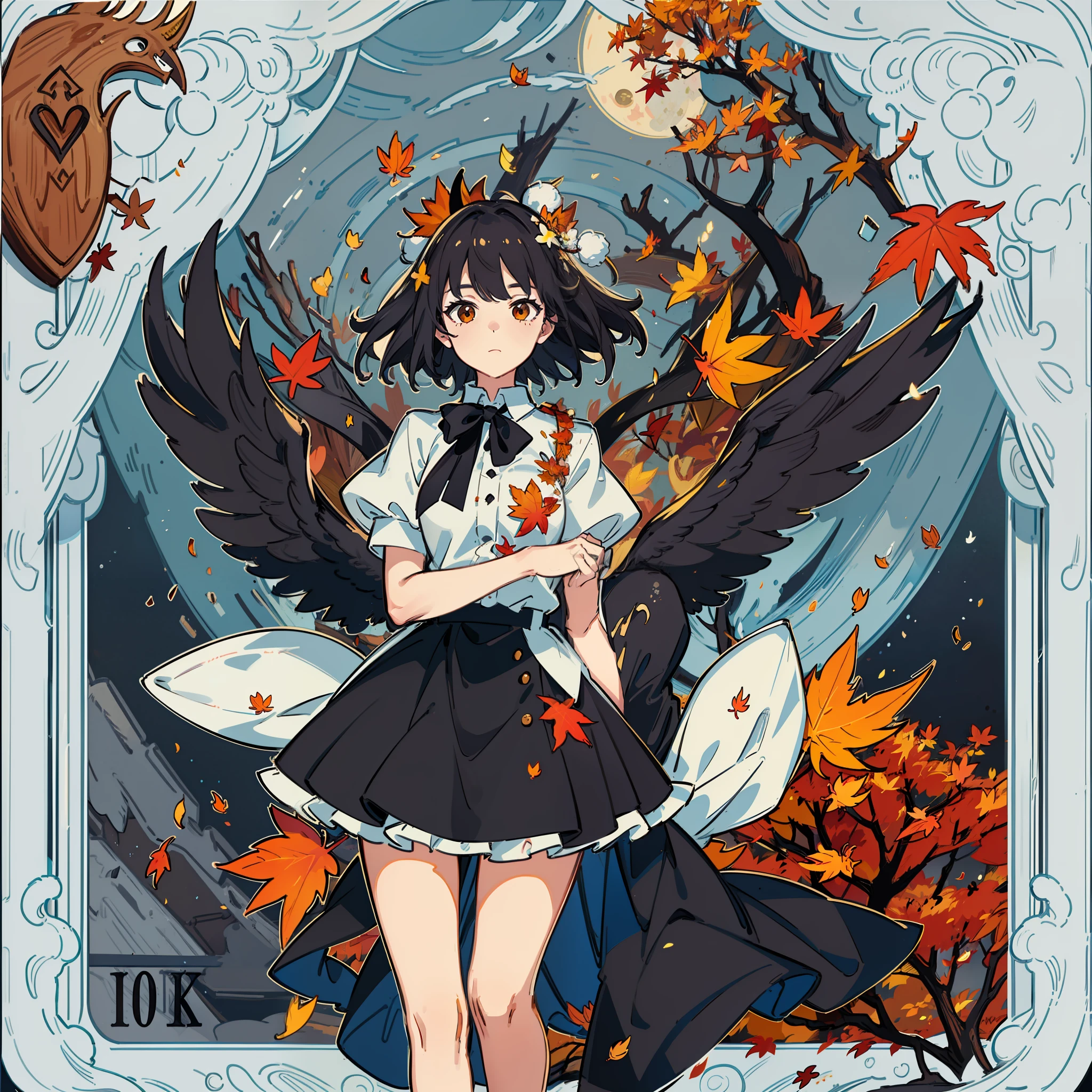 masterpiece, fine detail, 4k, 8k, 12k, solo, two people, beautiful girl, white woman, Shameimaru sentence, autumn leaves, autumn, tarot card style illustration