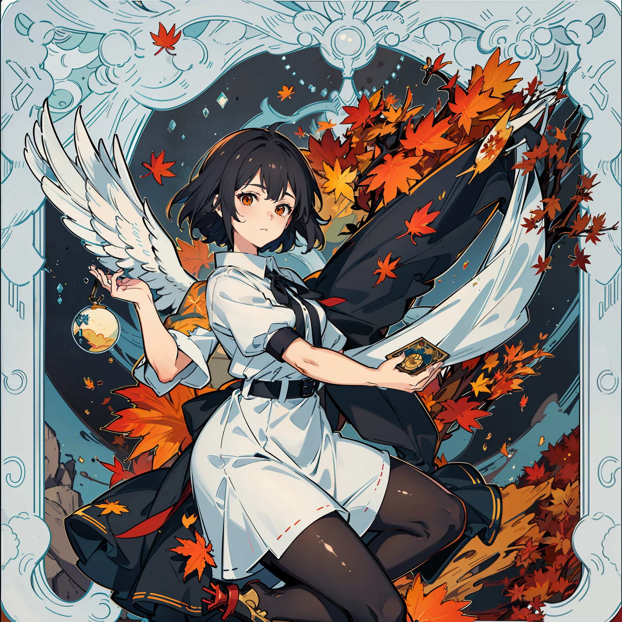 masterpiece, fine detail, 4k, 8k, 12k, solo, two people, beautiful girl, white woman, Shameimaru sentence, autumn leaves, autumn, tarot card style illustration