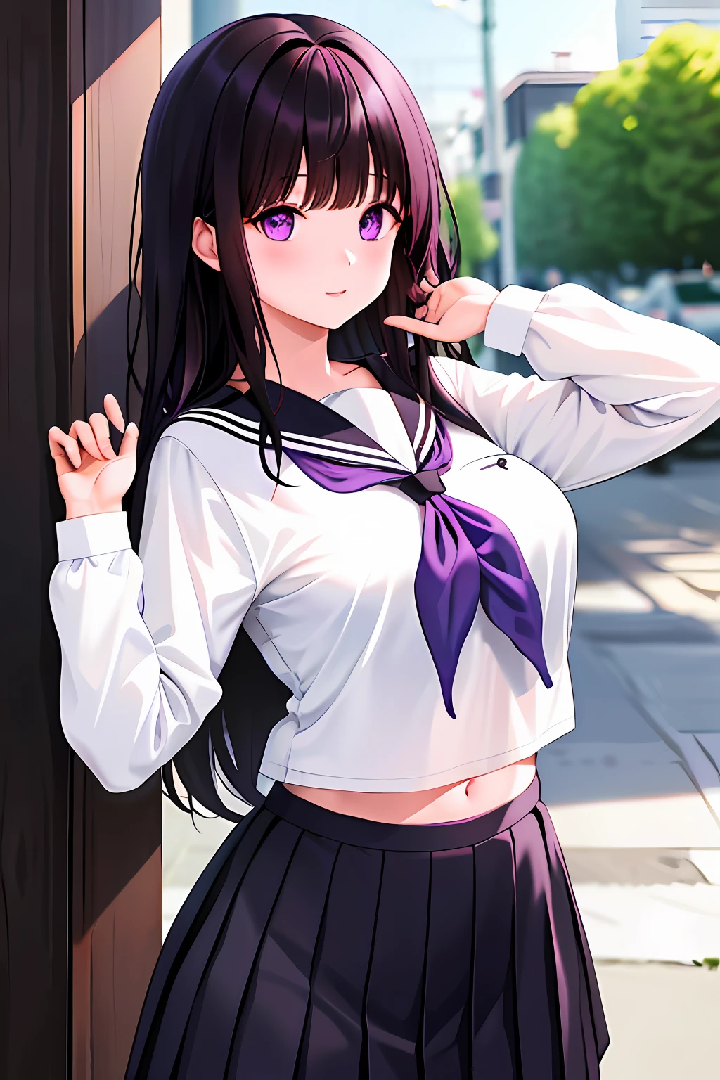 1 female、Eru Sentanda、long、A dark-haired、student clothes、Purple Eye、White shirt、White socks、pleatedskirt、bangss、Black sailor color、neckerchief、Black skirt、long-sleeve、(Shirt Raised 1.2)、Navel、bra very、1girl in, chitanda eru, Long hair, Black hair, , Purple eyes, White shirt, White socks, Pleated skirt, Bangs, black sailor collar, neckerchief, Black skirt, Long sleeves, (shirts lift:1.2), Navel, Show your bra,Takushi、hotel