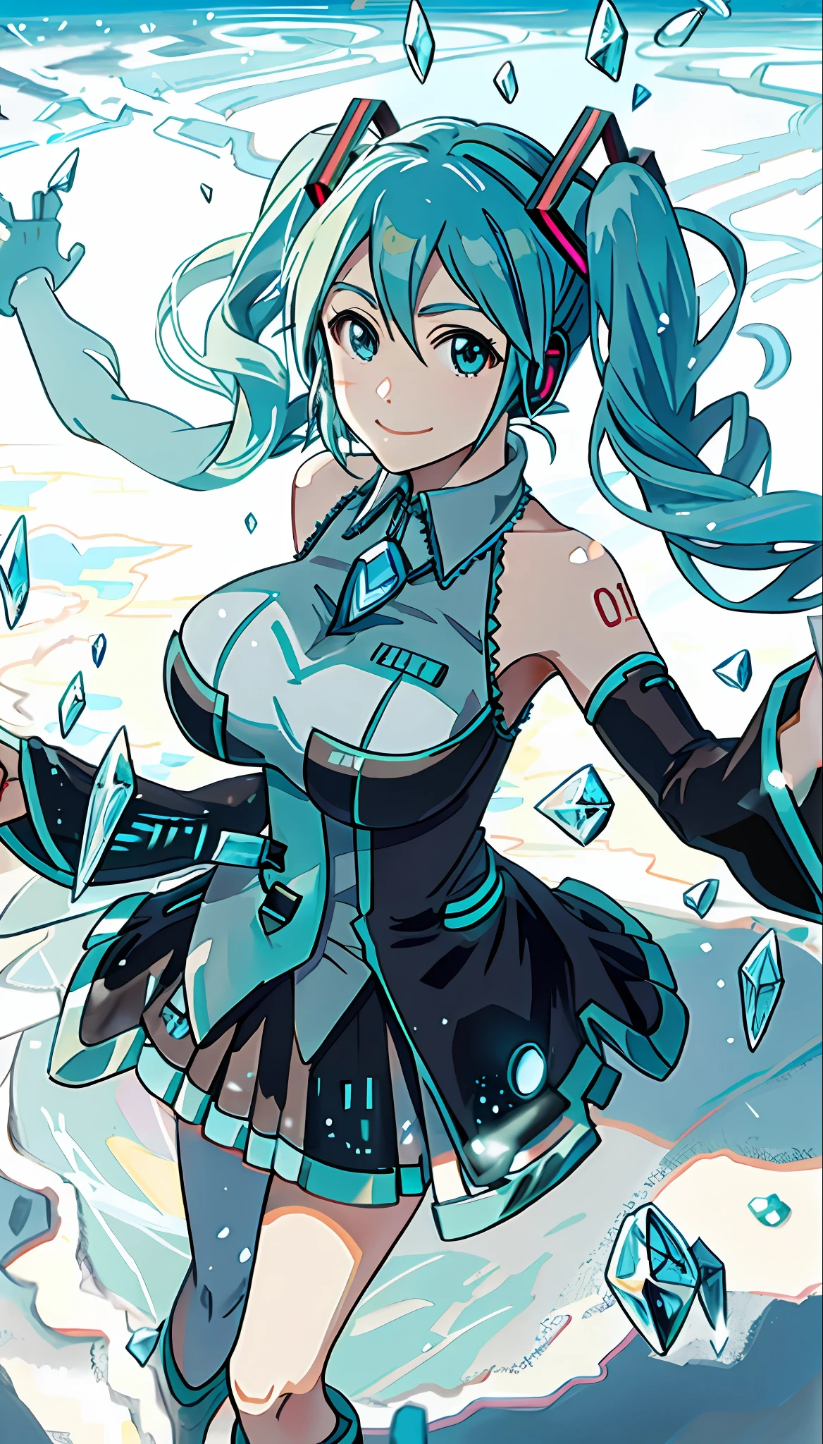 Hatsune Miku、extremidades mecánicas、un pecho grande、una leve sonrisa、iceMagicAI