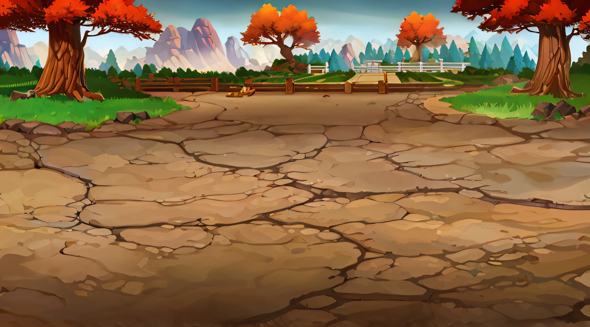 Cartoon illustration of a dirt road with a bridge in the middle, Mobile game background, arena background, odin's stone arena background, game background, battleground background, volley court background, arte de fundo, Park background, canyon background, 2d game background, background battlefield, battleground background, tavern background, background hyper detailed, Cave background, videogame background, 2 D game art background