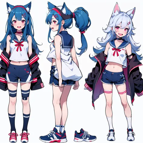 1girl, :d, bandaid, bandaid_on_knee, bangs, bare_shoulders, blue_hair, blue_sailor_collar, blue_shorts, blush, white pink cat ears, collarbone, crop_top, fang, hairclip, kneehighs, long_hair, midriff, navel, one_side_up, open_mouth, red_eyes, sailor_collar...