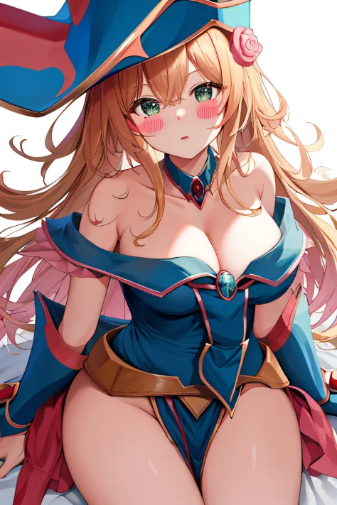 ​masterpiece, top-quality, hight resolution, HMDMG1, Wizard Hat, red blush, blush stickers, cleavage of the breast, bare shoulders​, doress, off shoulders, Underwear is visible