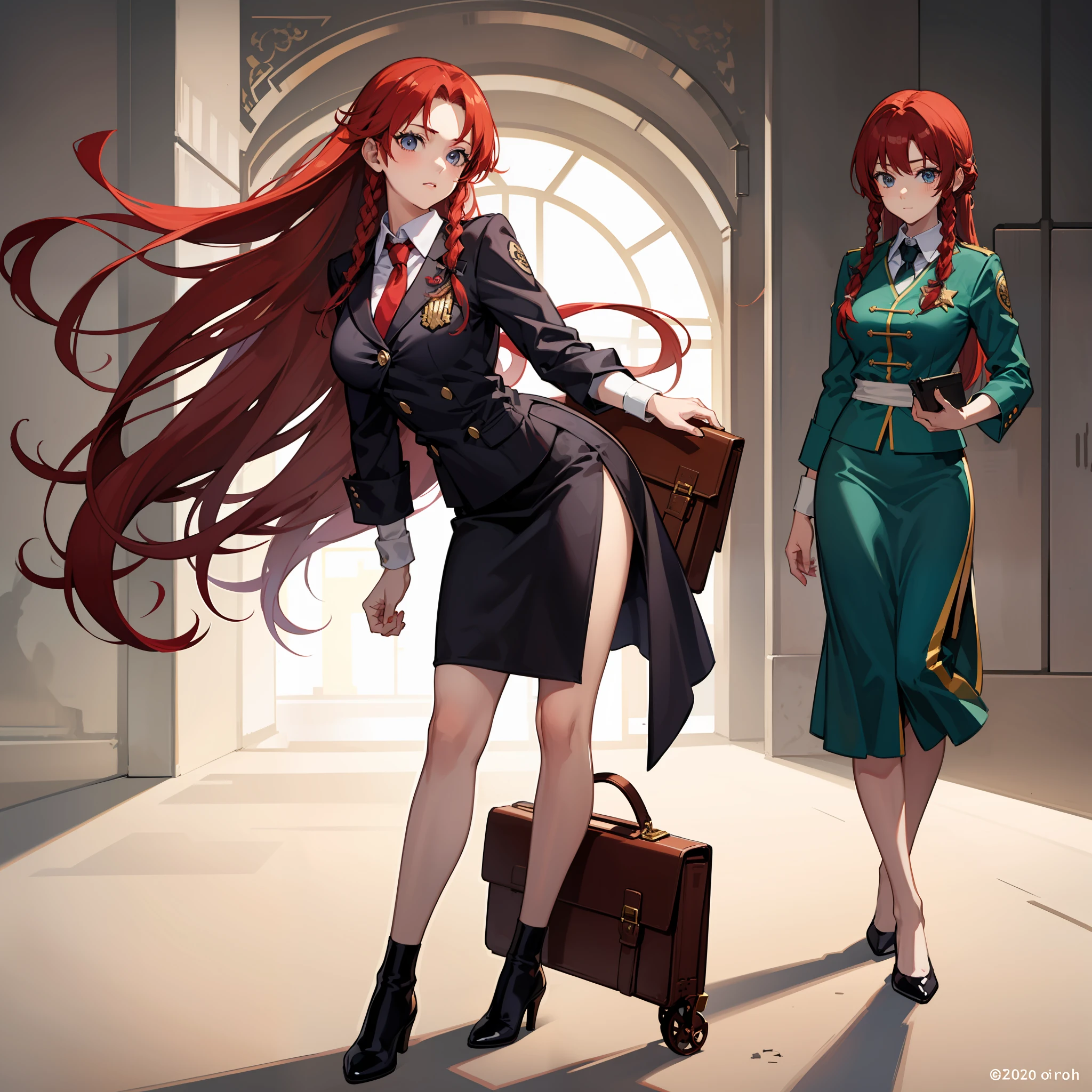 Portrait of a long-haired young woman holding a briefcase, 1 girl, Solo, Hong Meiling, Judo uniform, Dojo background, Alternate costume, Red hair, Full body, Looking at viewer, Long hair, Big breasts