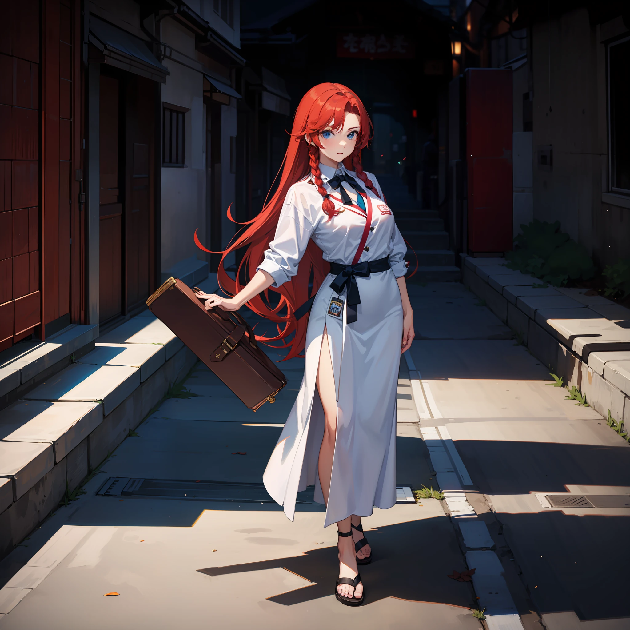 Portrait of a long-haired young woman holding a briefcase, 1 girl, Solo, Hong Meiling, Judo uniform, Dojo background, Alternate costume, Red hair, Full body, Looking at viewer, Long hair, Big breasts