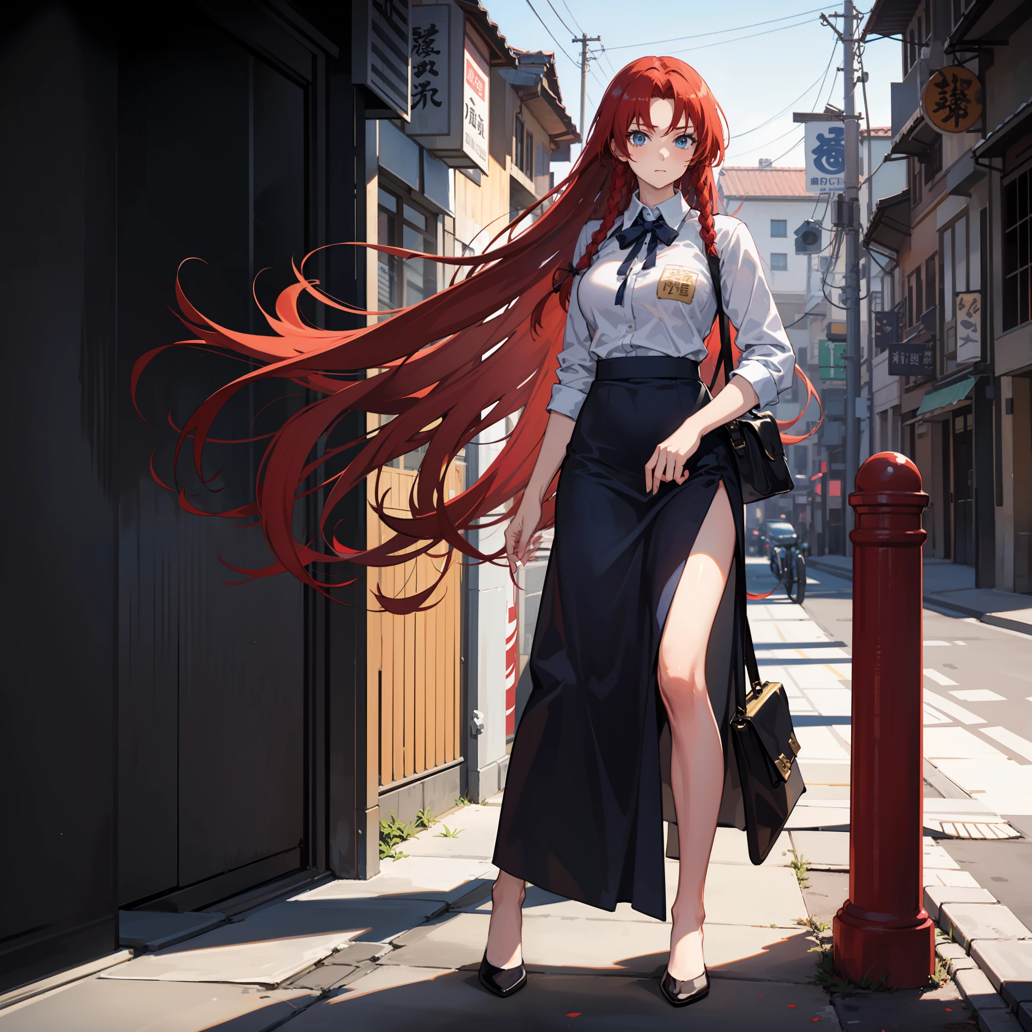 Portrait of a long-haired young woman holding a briefcase, 1 girl, Solo, Hong Meiling, Judo uniform, Dojo background, Alternate costume, Red hair, Full body, Looking at viewer, Long hair, Big breasts