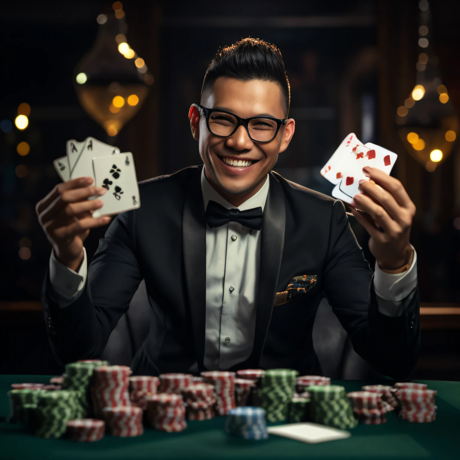 Arad man in tuxedo holding up playing cards and smiling, Play poker ...