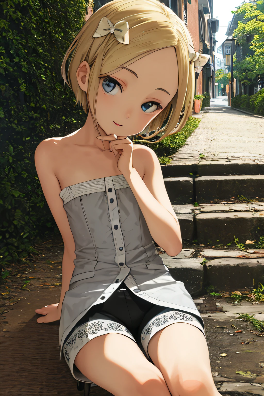 ((best quality)), ((ultra res)), ((photorealistic)), (intricate details), 19 years old, blonde hair, perfect face, make up:1.5, light on face, face detail, NAKED, short hair,bike_shorts