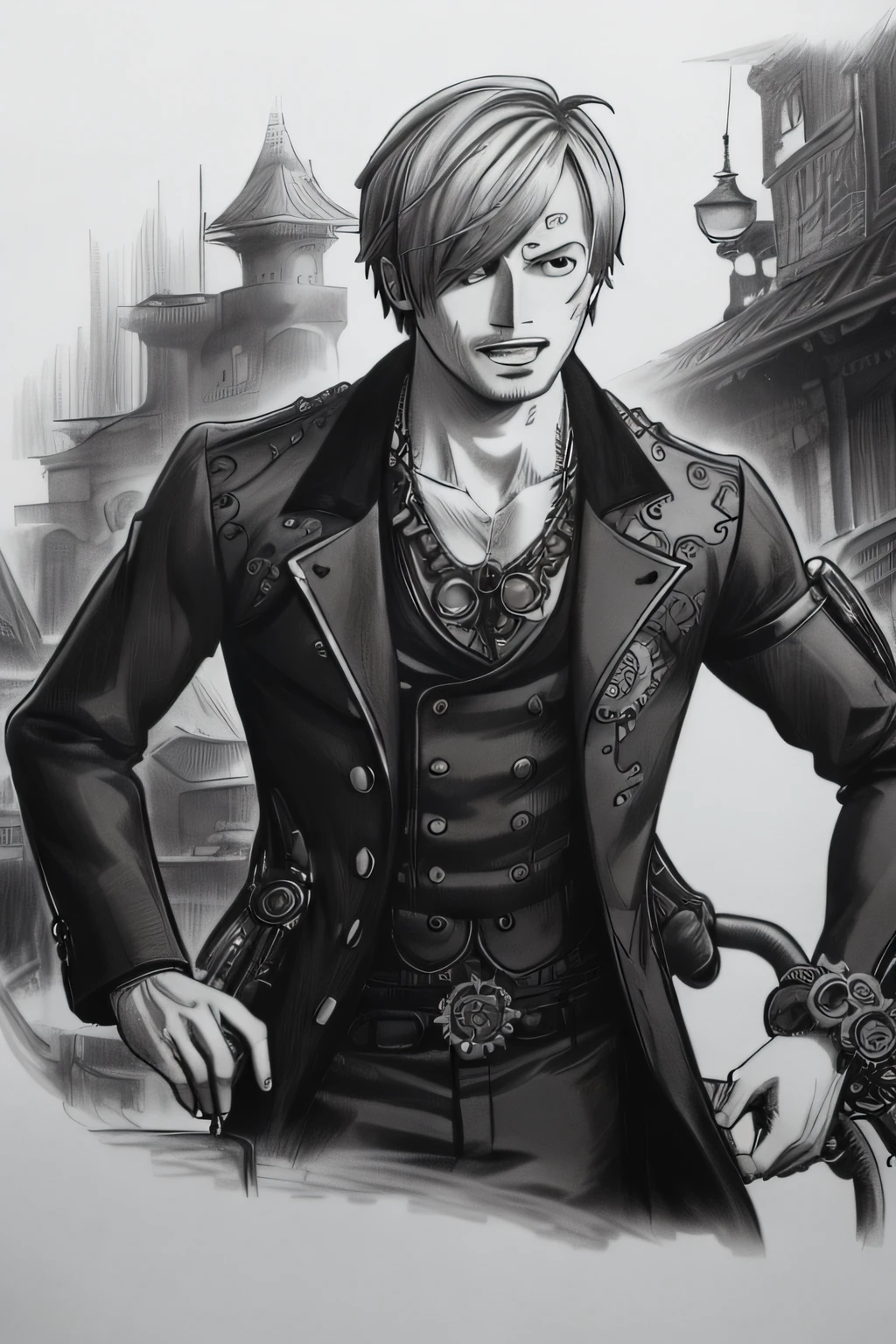 An evocative greyscale pencil drawing capturing the dashing Vinsmoke Sanji from the anime series One Piece, portrayed in a detailed portrait that extends till his torso. Sanji is depicted in an enchanting steampunk-inspired dress, adorned with intricate gears, chains, and ornate lace that perfectly complements his suave personality. The sketch showcases the meticulous details of his steampunk attire, the flowing folds, and the delicate shading that brings depth to his form. The drawing is rendered in 4K HDR, ensuring stunning visual clarity and contrast, enhancing the richness of the greyscale tones. The background is kept minimal, drawing attention to Sanji's captivating presence and the intricate steampunk aesthetics of his attire. Style: Detailed pencil drawing with a focus on precise linework, shading, and texture, capturing the essence of Sanji's steampunk dress and his charismatic expression. Execution: Created using high-quality pencils on fine-grained paper, employing various shading techniques to achieve a lifelike portrayal with rich details and textures in the steampunk-inspired setting, ar 1:1, CogPunkAI, wanostyle